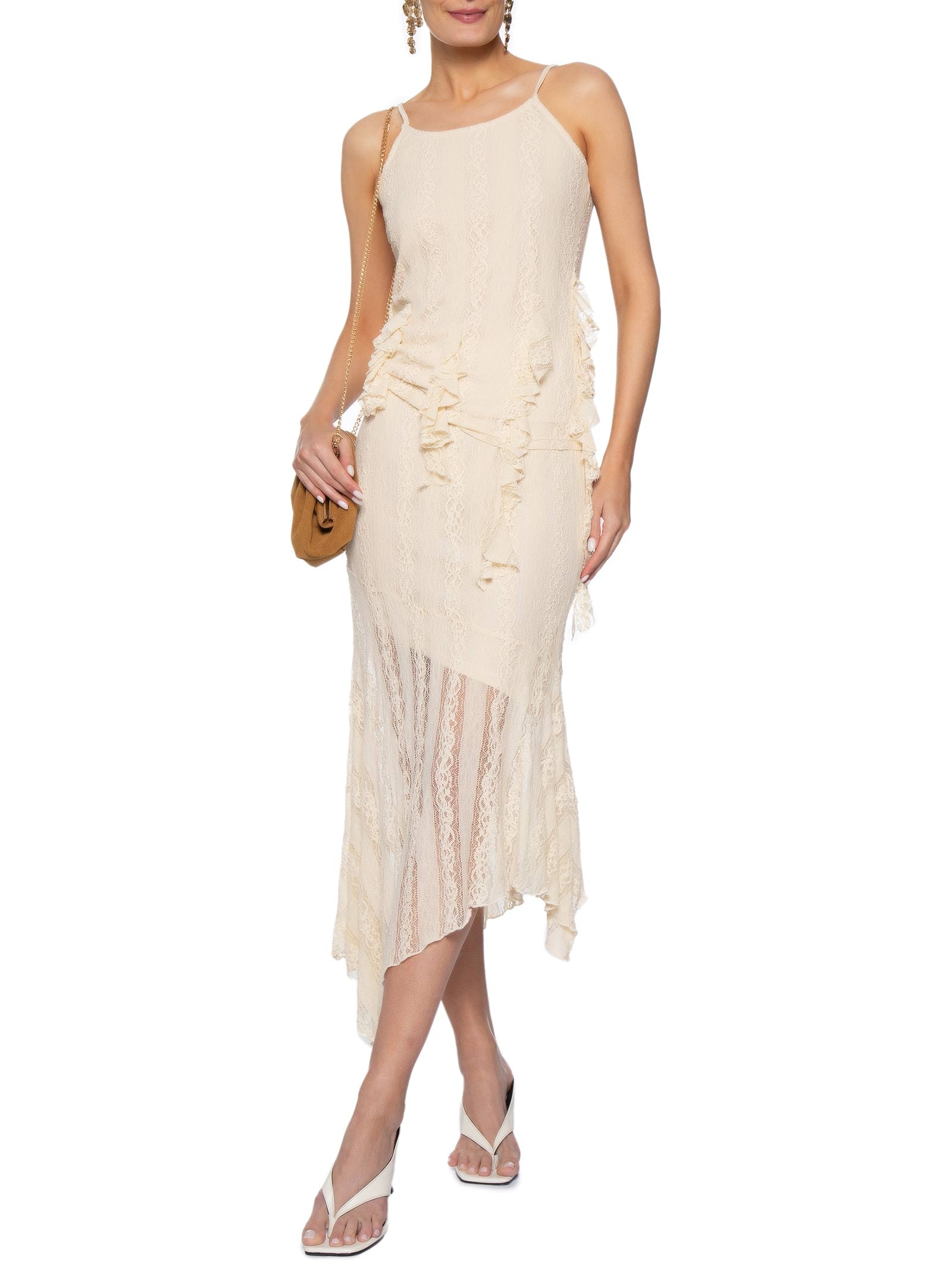 Saia Midi com Detalhes em Renda Bege Market 33