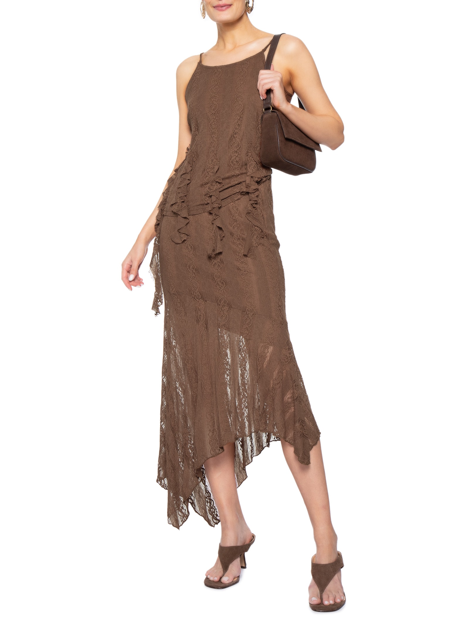 Saia Midi com Detalhes em Renda Marrom Market 33