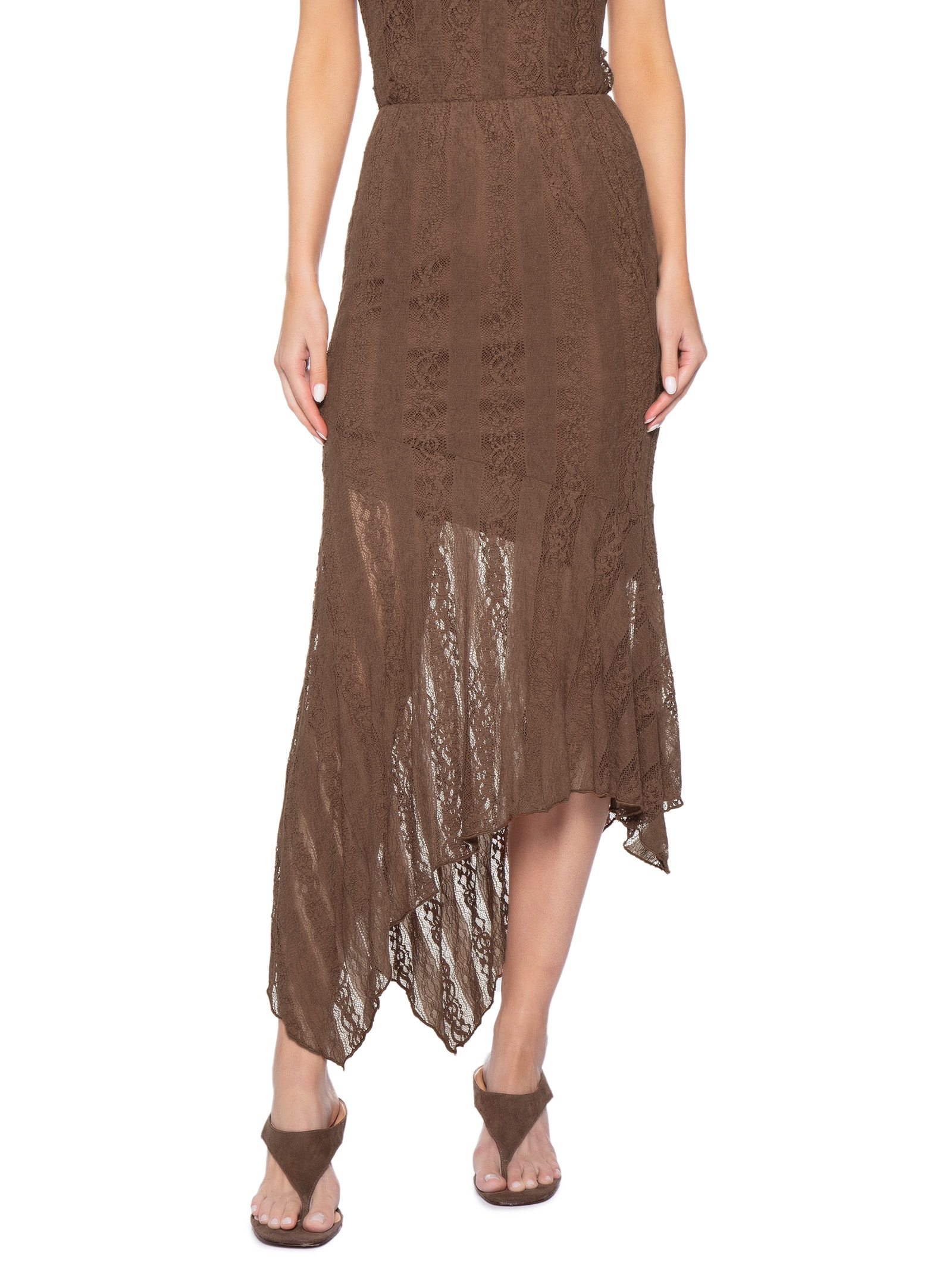 Saia Midi com Detalhes em Renda Marrom Market 33