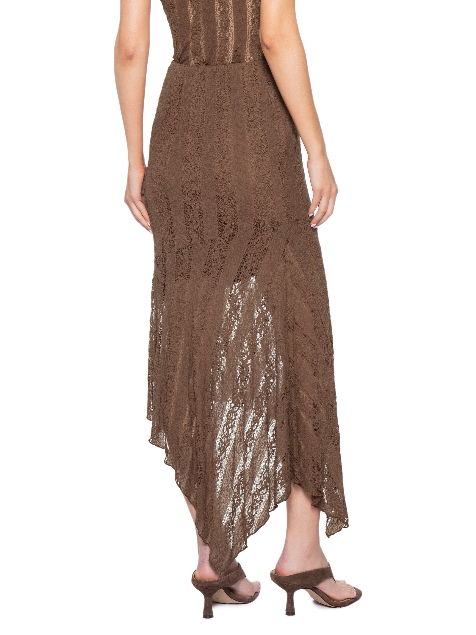 Saia Midi com Detalhes em Renda Marrom Market 33