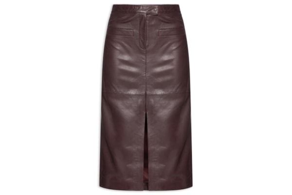 Saia Midi Com Fenda Em Couro - Vermelho