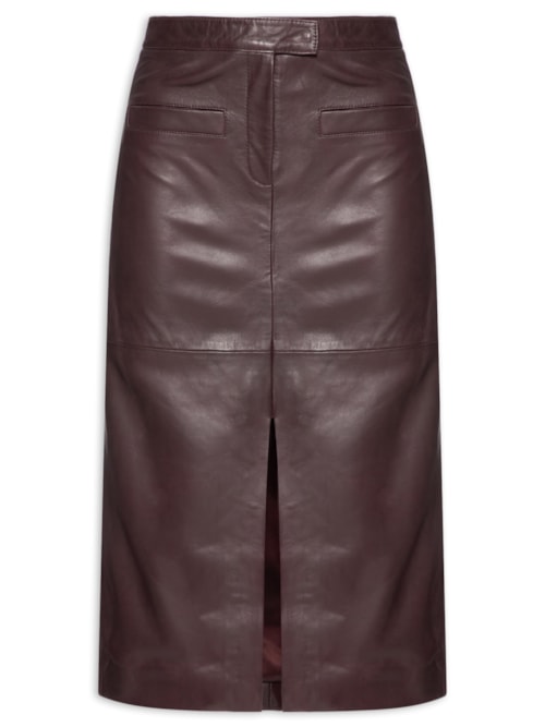Saia Midi Com Fenda Em Couro - Vermelho