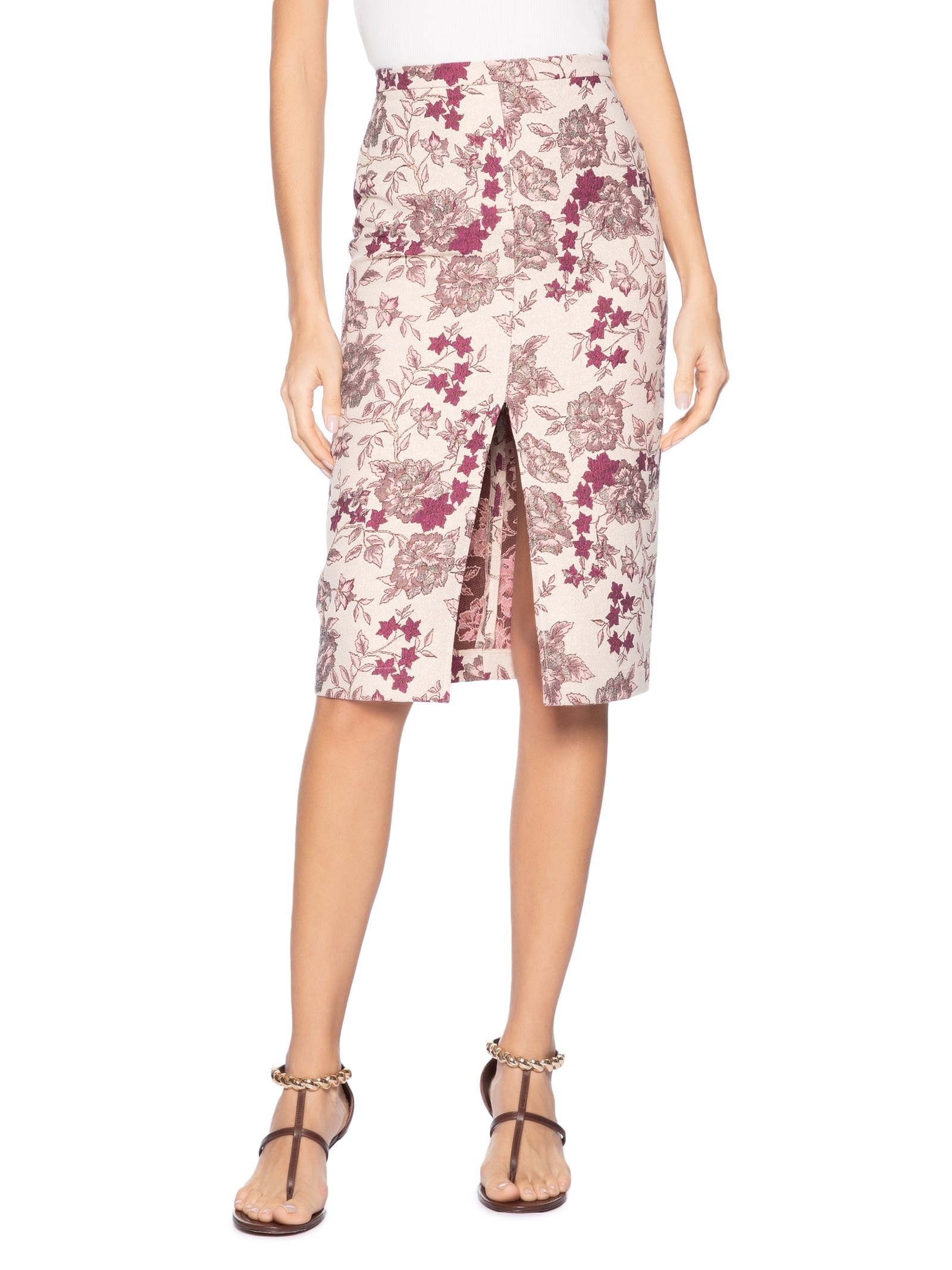 Saia Midi Com Fenda Em Jacquard Rosa '2Essential