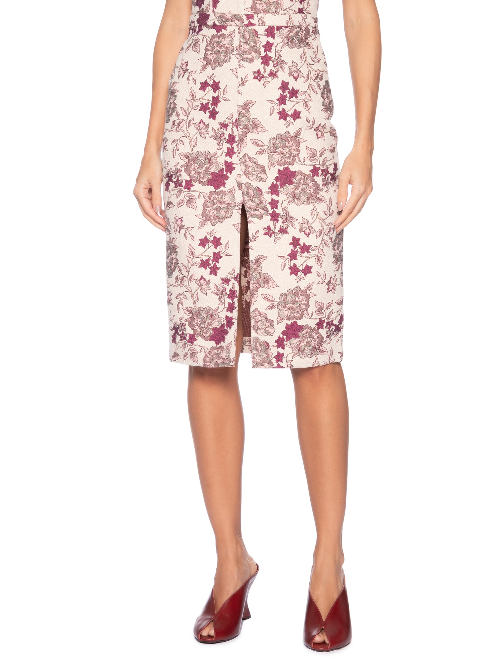 Saia Midi Com Fenda Em Jacquard Rosa '2Essential