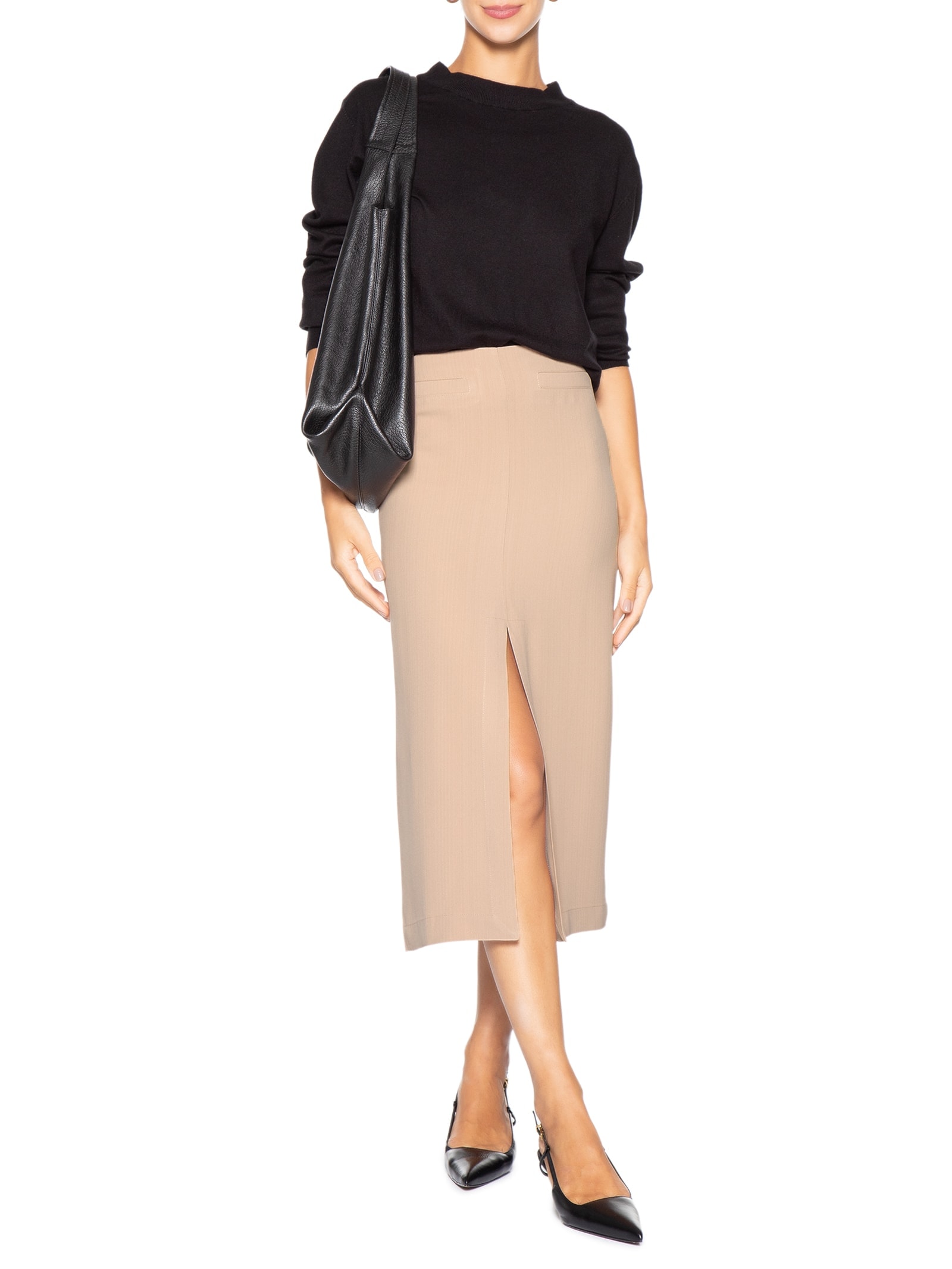 Saia Midi Com Fenda Frontal Em Crepe Bege '2Essential