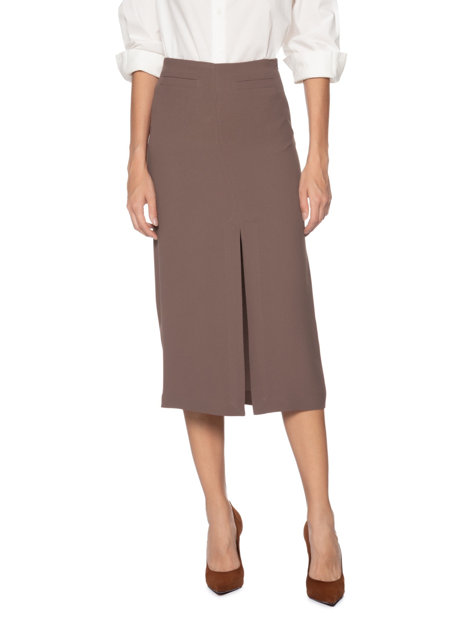 Saia Midi Com Fenda Frontal Em Crepe Marrom '2Essential