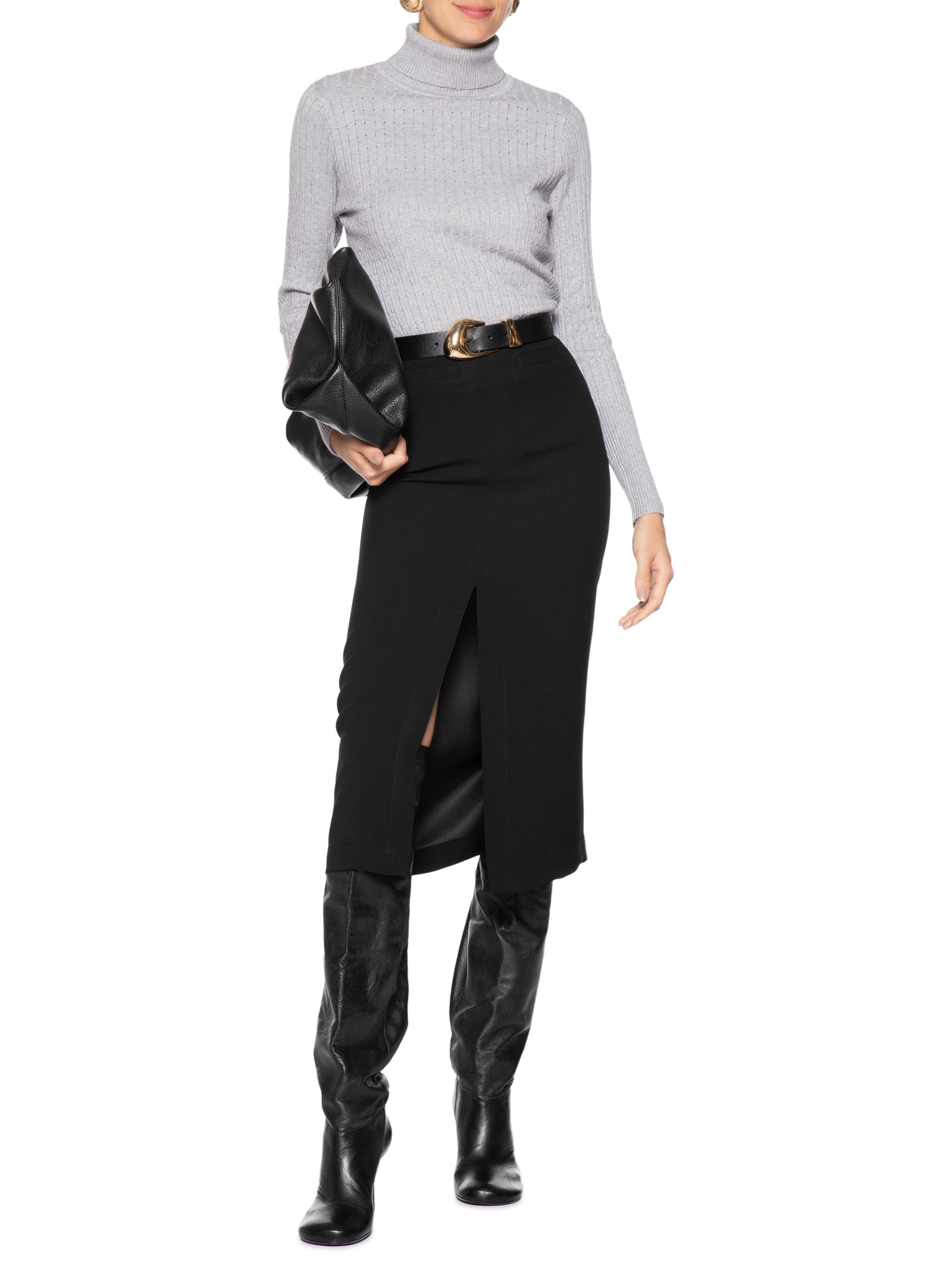 Saia Midi Com Fenda Frontal Em Crepe Preto '2Essential