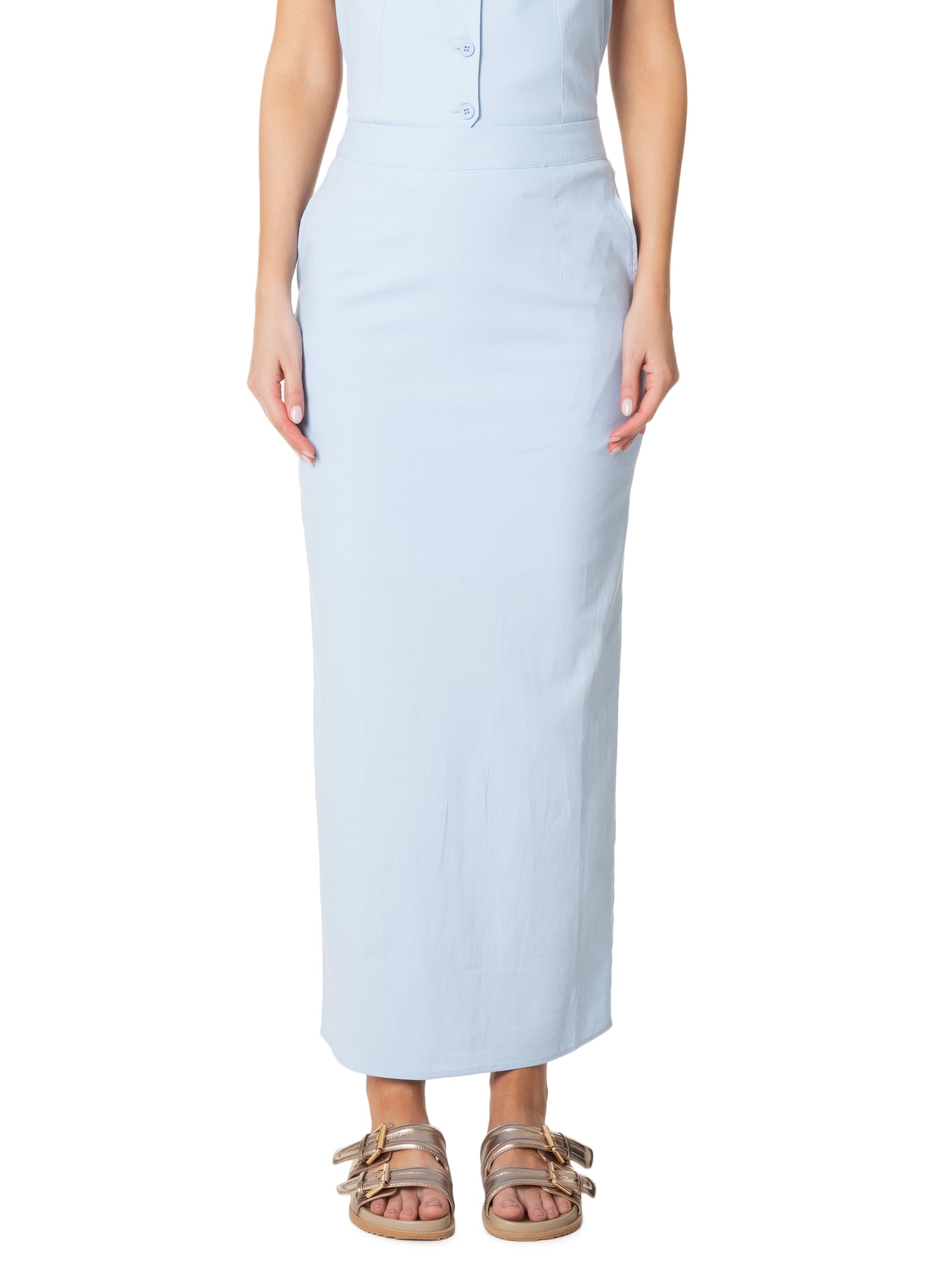 Saia Midi Com Fenda Nas Costas Azul Basiq