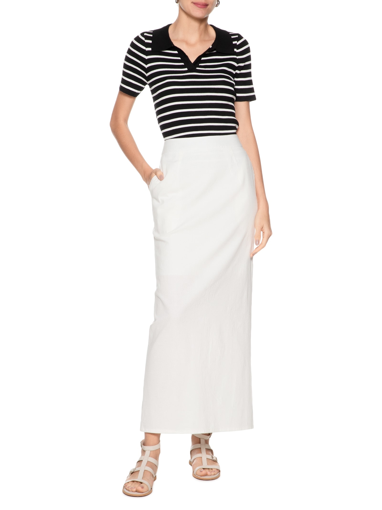Saia Midi Com Fenda Nas Costas Off White Basiq