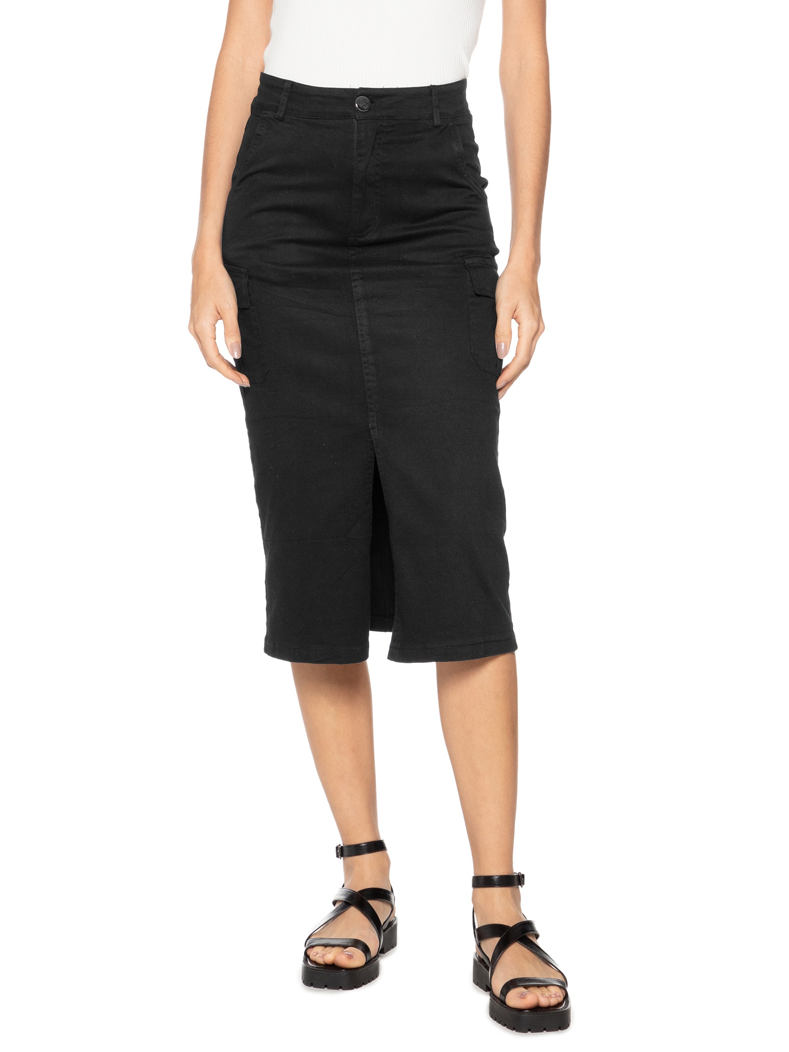 Saia Midi Com Fenda Preto Basiq