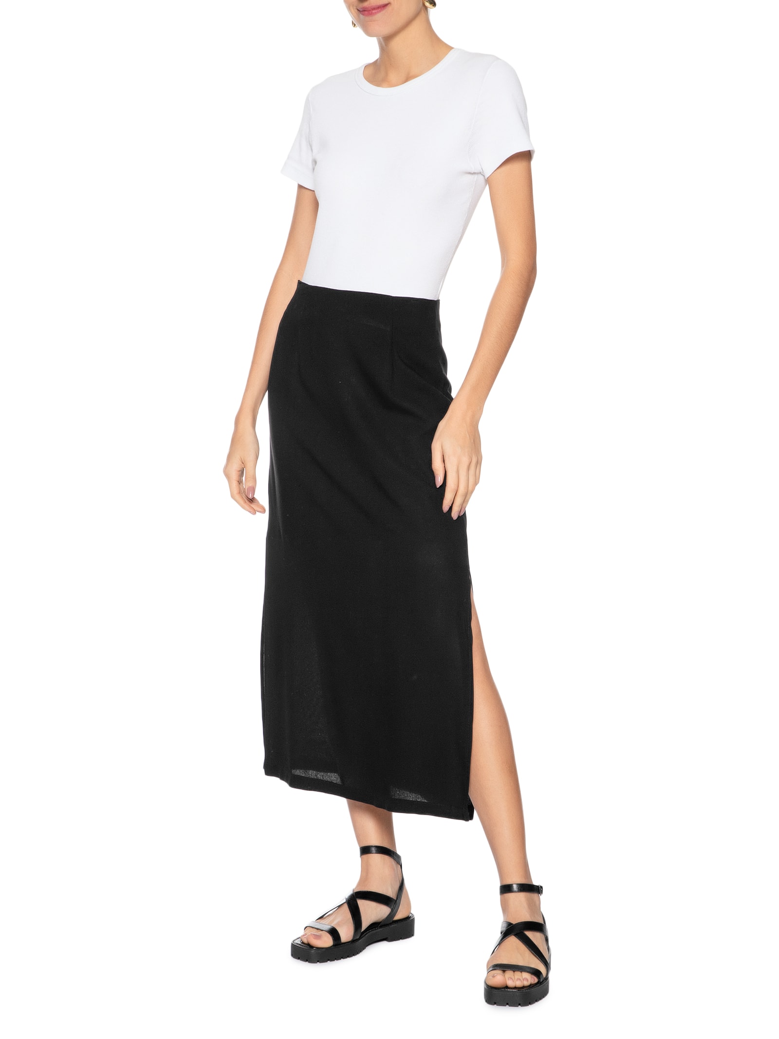 Saia Midi Com Fenda Preto  Basiq