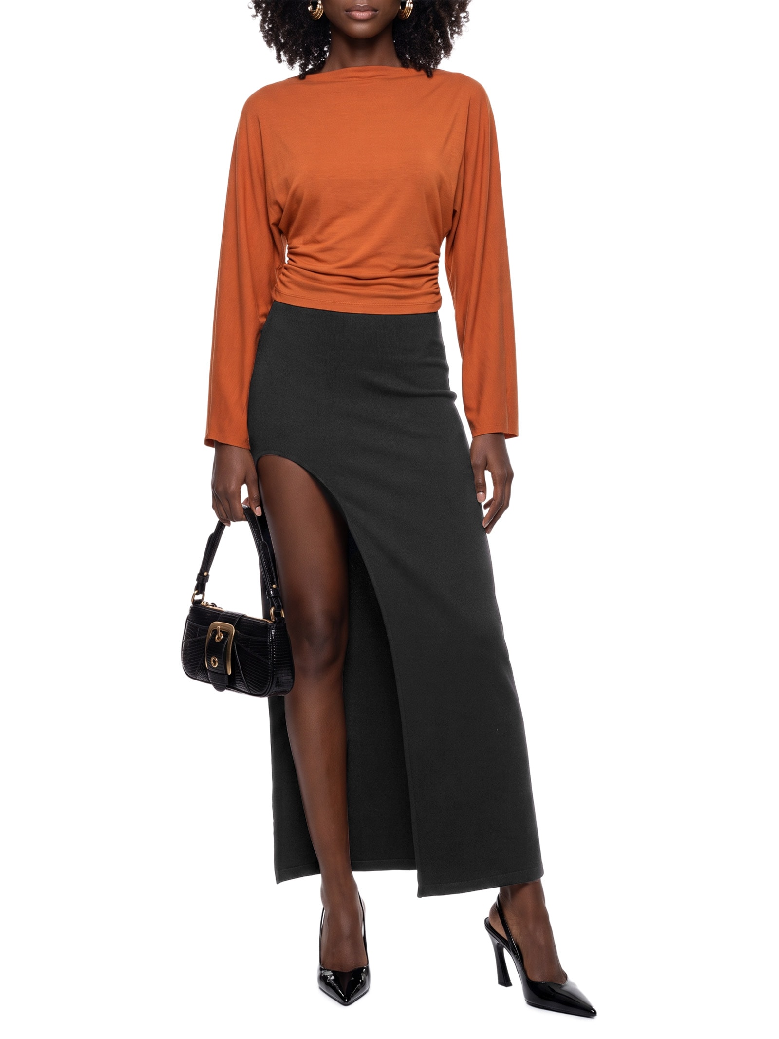 Saia Midi com Maxi Fenda Preto Lança Perfume