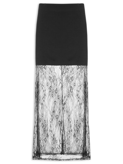 Saia Midi Com Renda Em Sobreposição – Preto