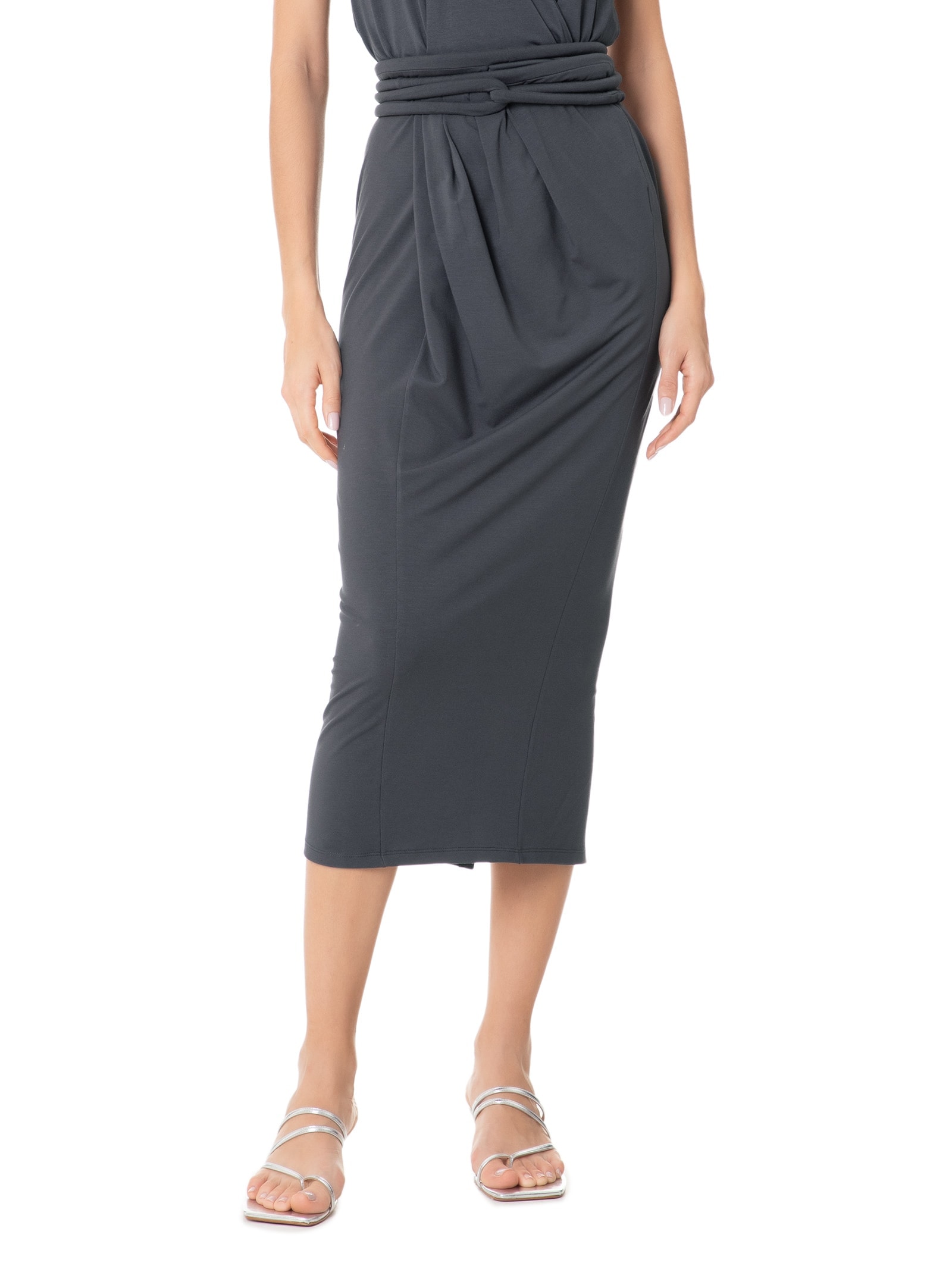 Saia Midi com Transpasse e Franzidos Cinza '2Essential