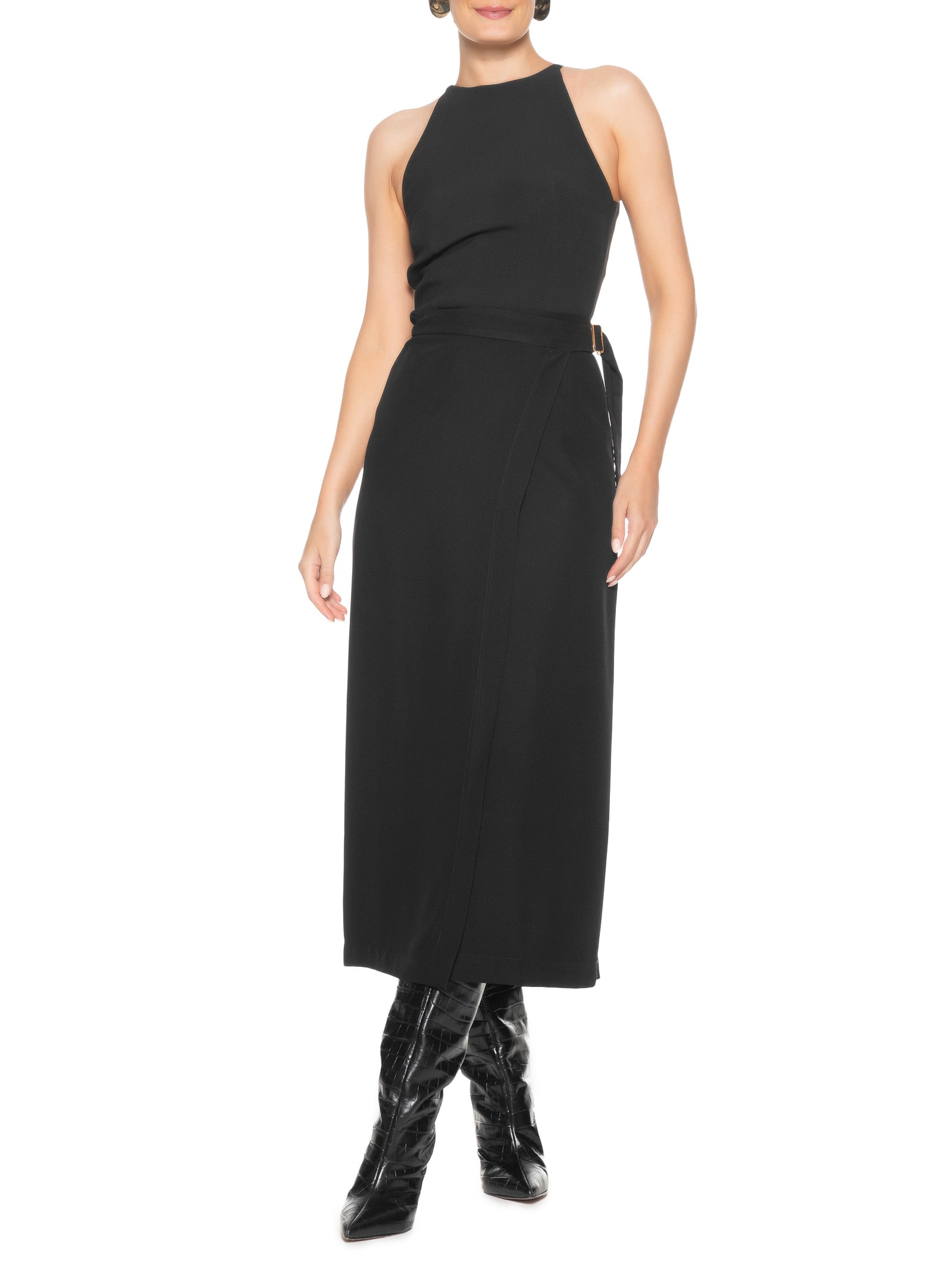 Saia Midi com Transpasse em Crepe Preto '2Essential