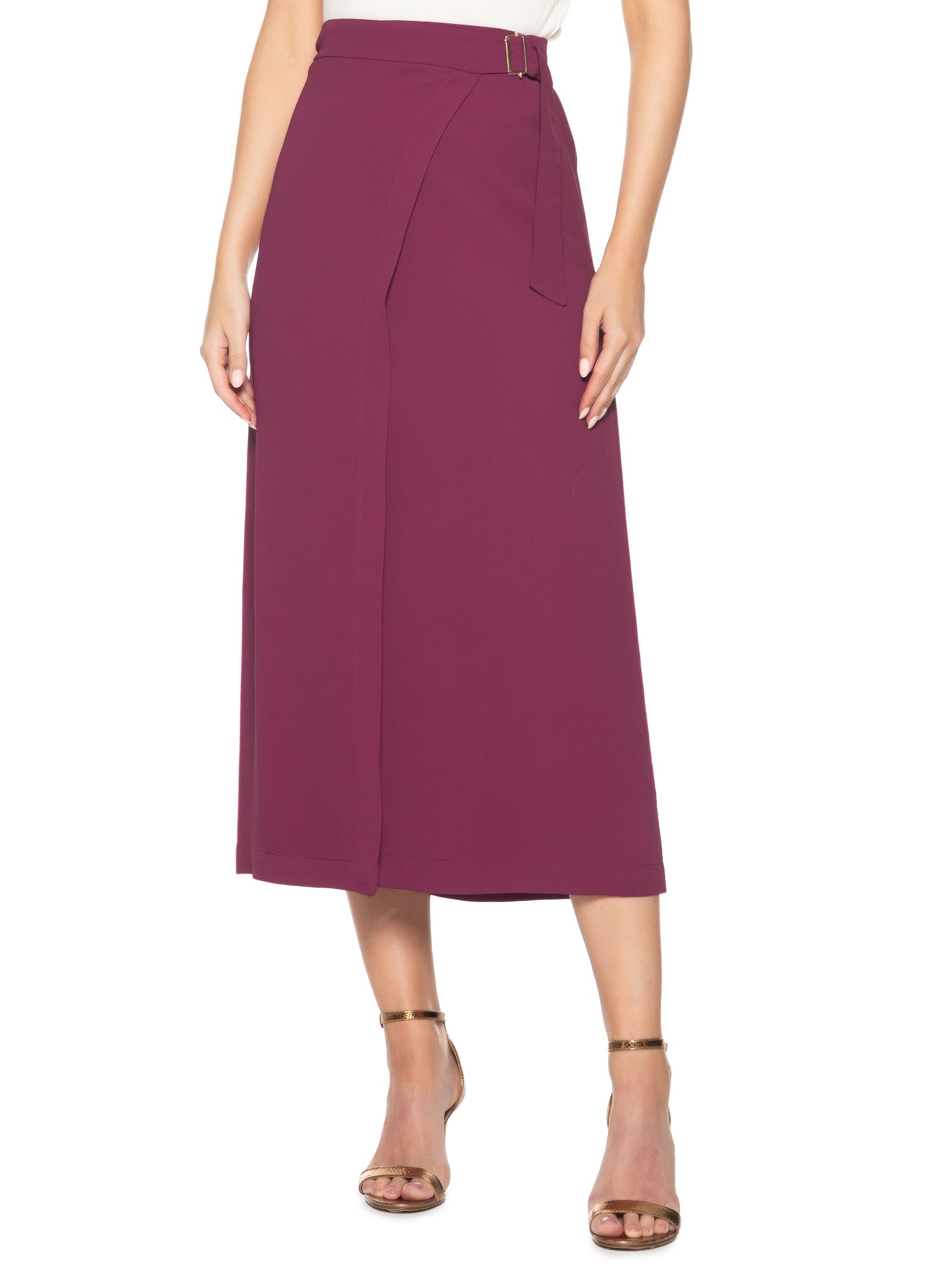 Saia Midi com Transpasse em Crepe Vinho '2Essential