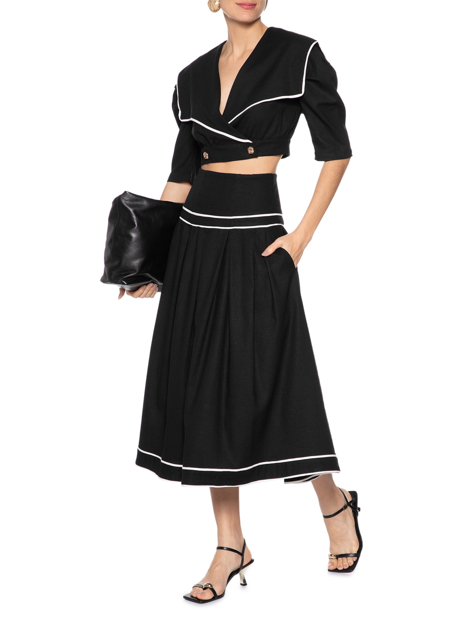 Saia Midi Com Volume Em Linho Misto Preto '2Essential