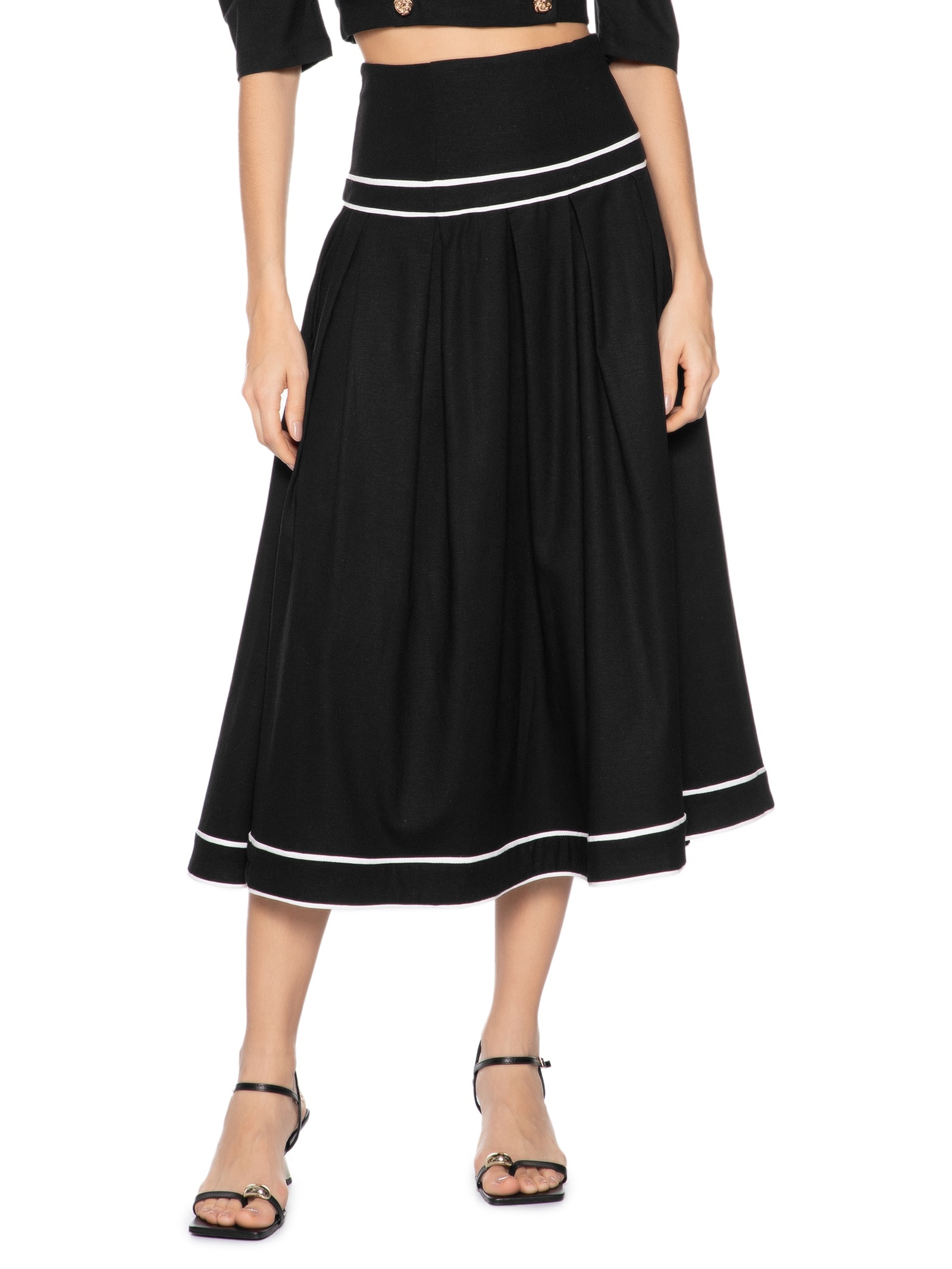 Saia Midi Com Volume Em Linho Misto Preto '2Essential