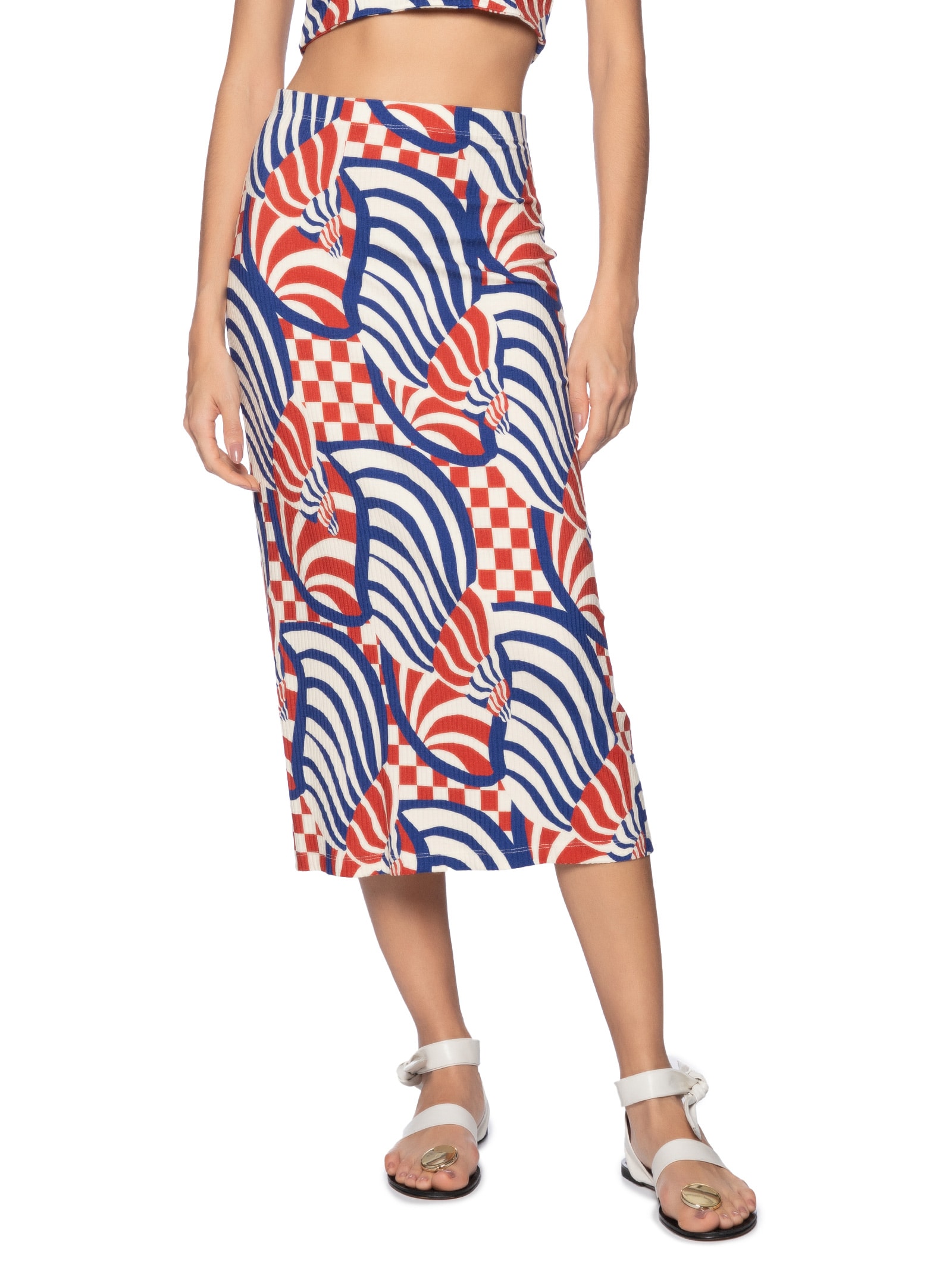 Saia Midi Concha Gráfica Vermelho Farm