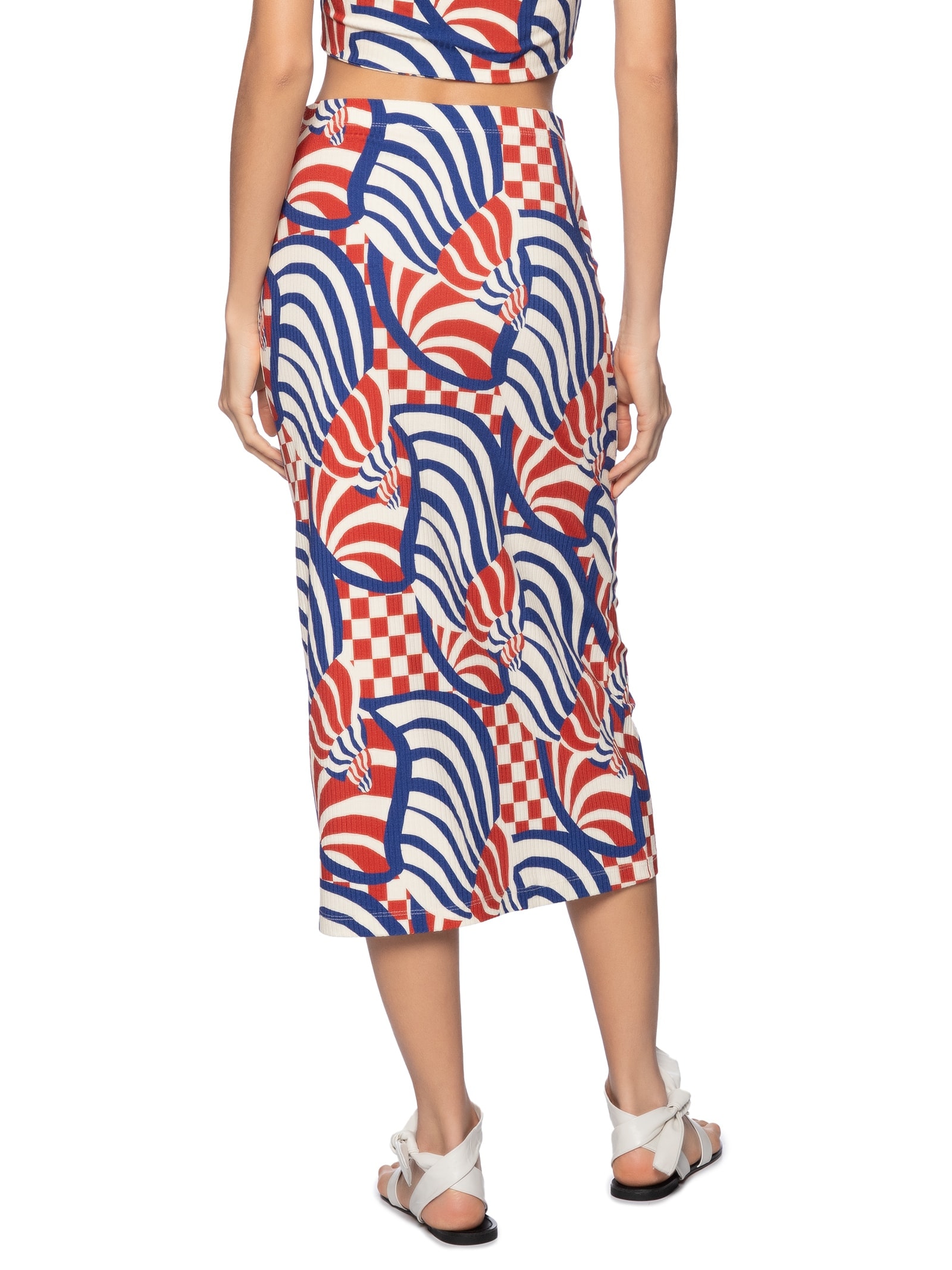 Saia Midi Concha Gráfica Vermelho Farm