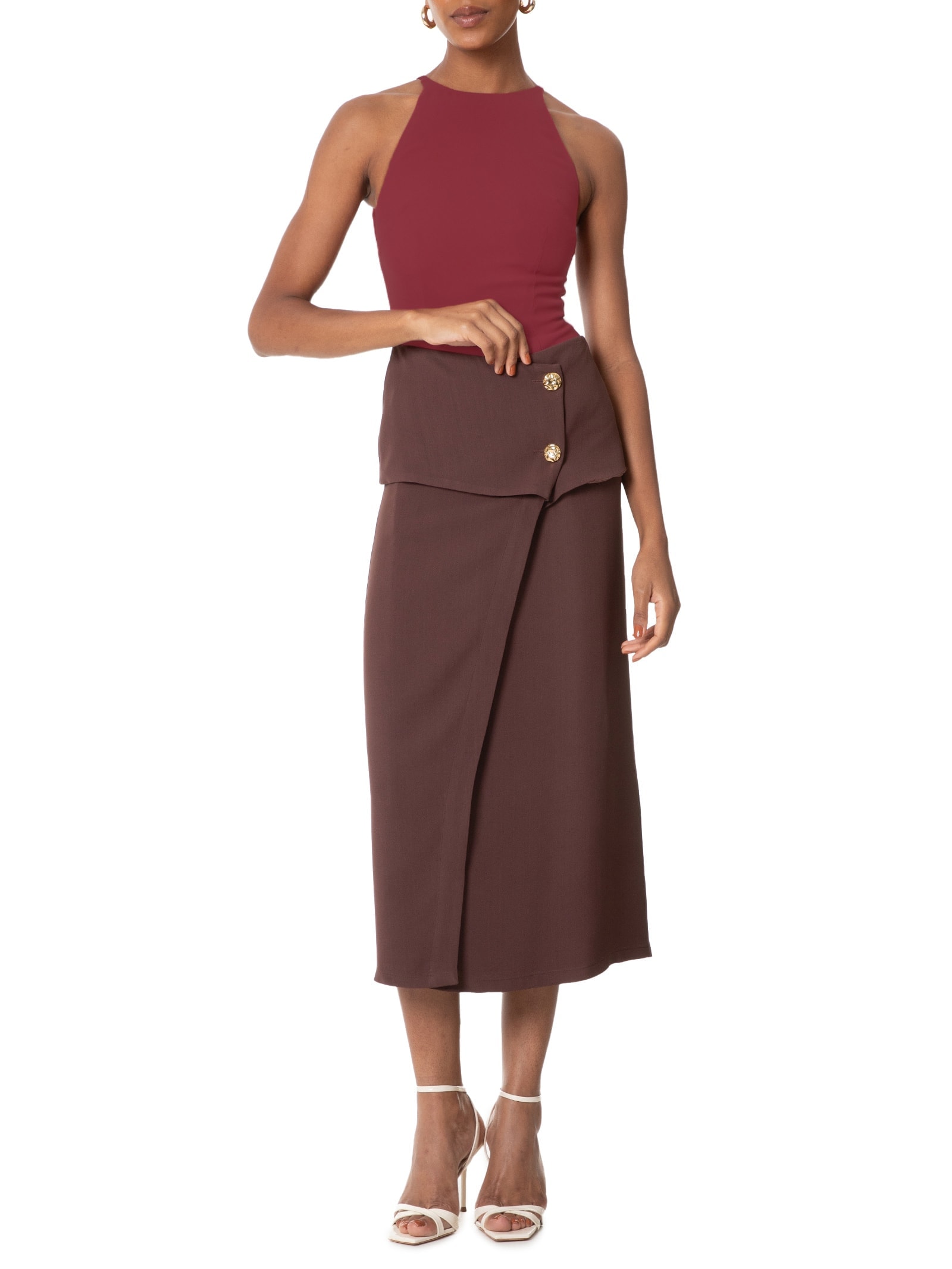 Saia Midi Em Crepe Com Transpasse Marrom '2Essential