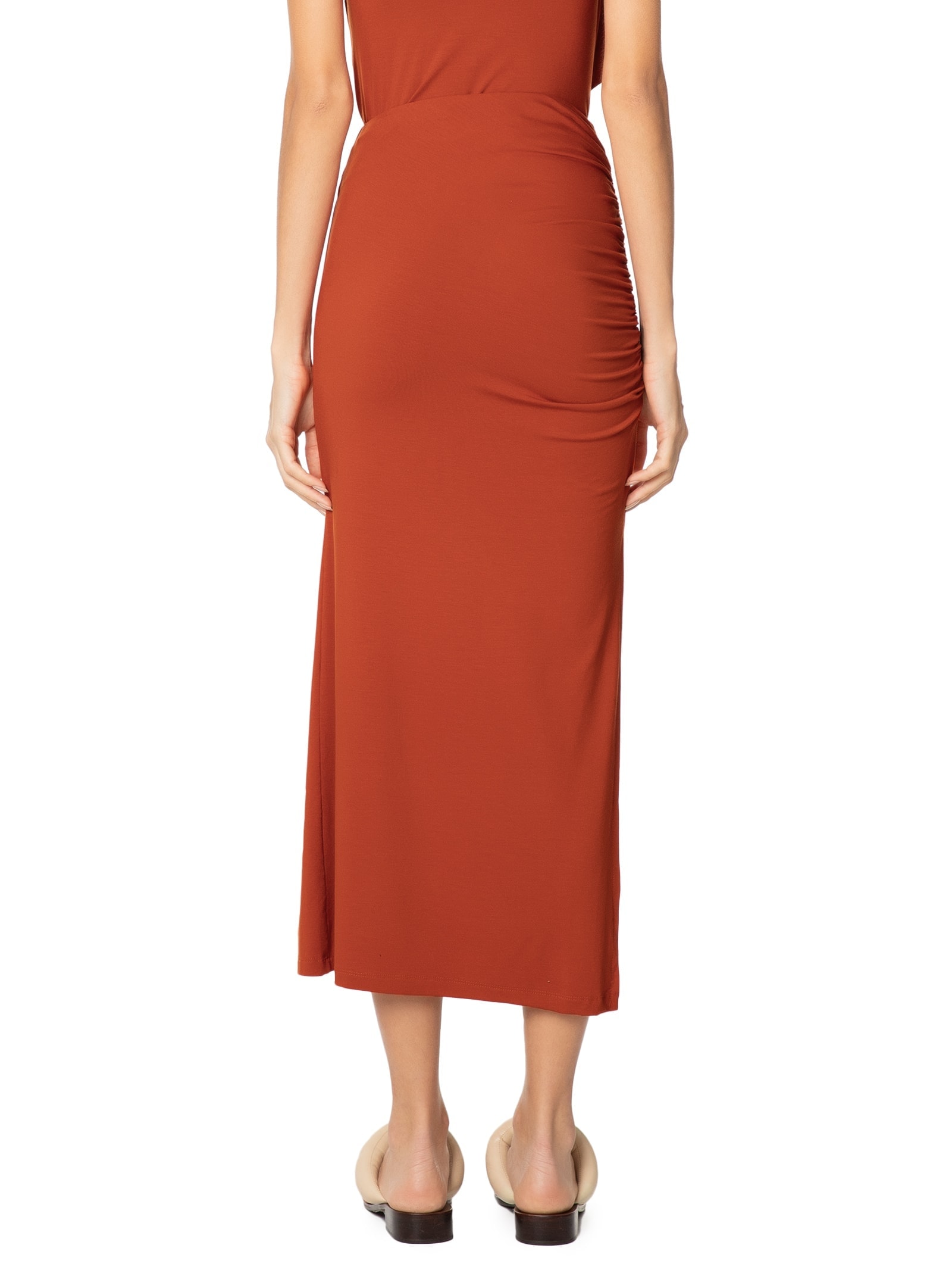 Saia Midi Em Malha Com Franzido Lateral Laranja   '2Essential