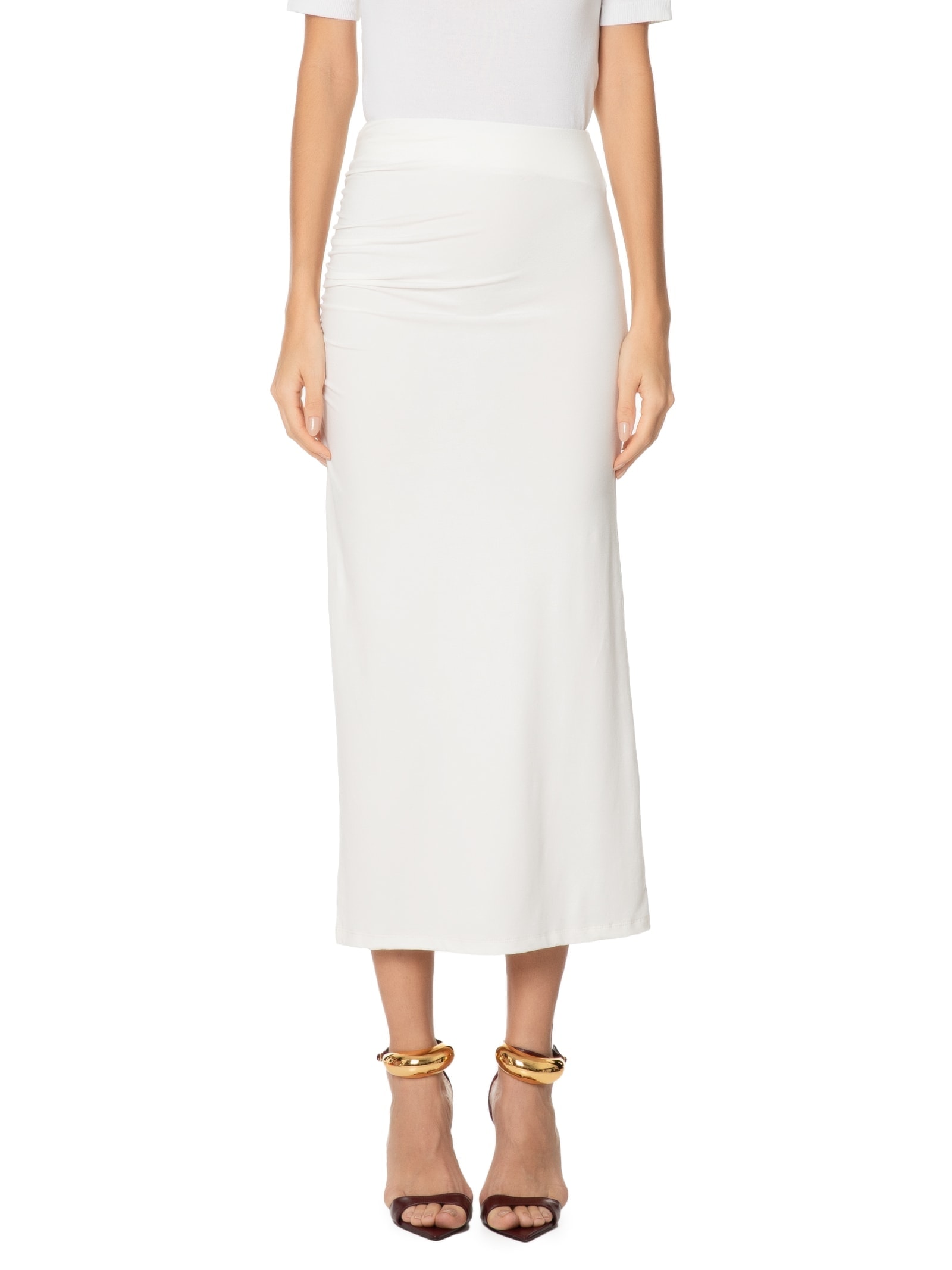 Saia Midi Em Malha Com Franzido Lateral Off White '2Essential