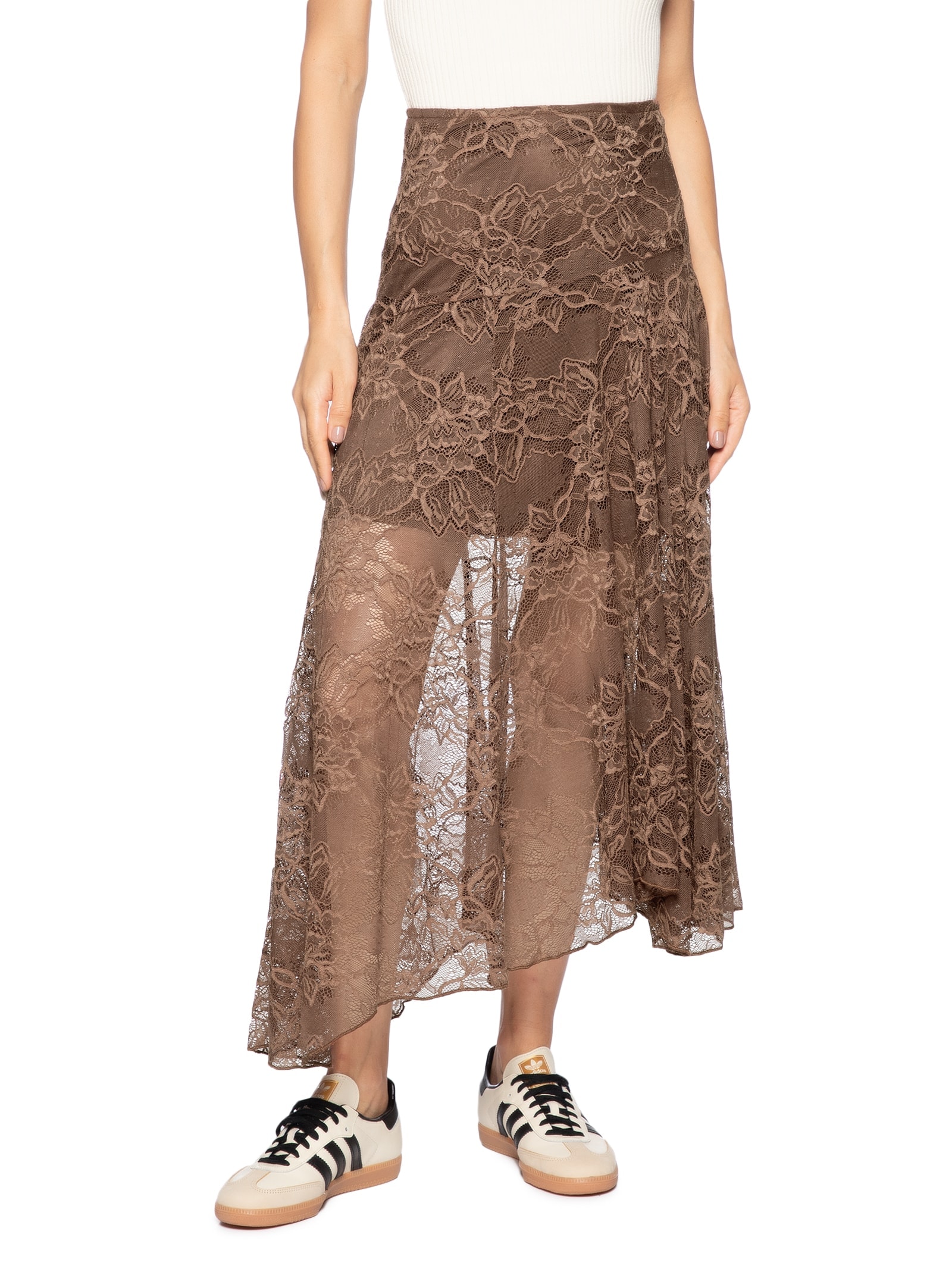 Saia Midi Em Renda Marrom Market 33