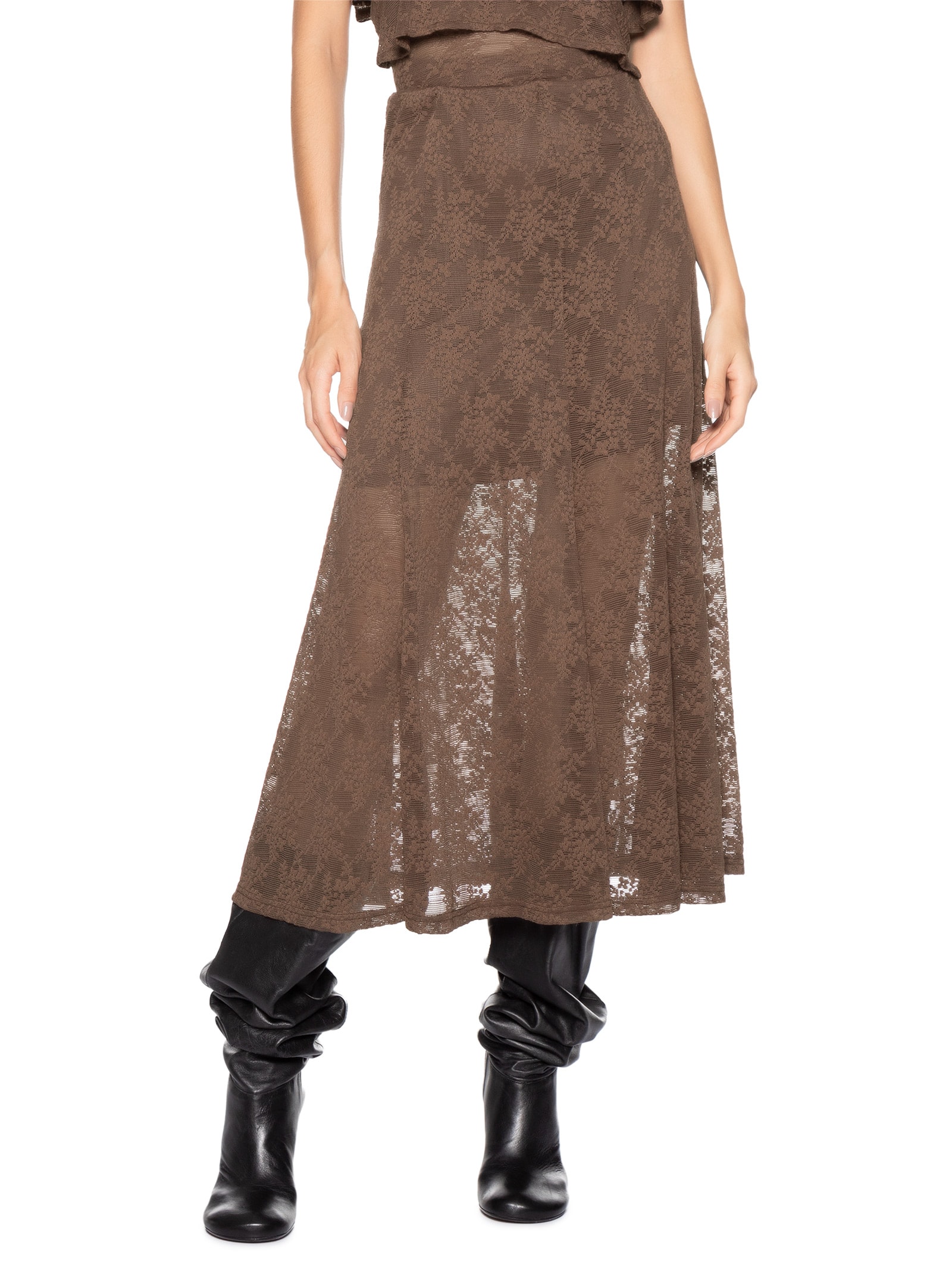 Saia Midi Em Renda Marrom Market 33