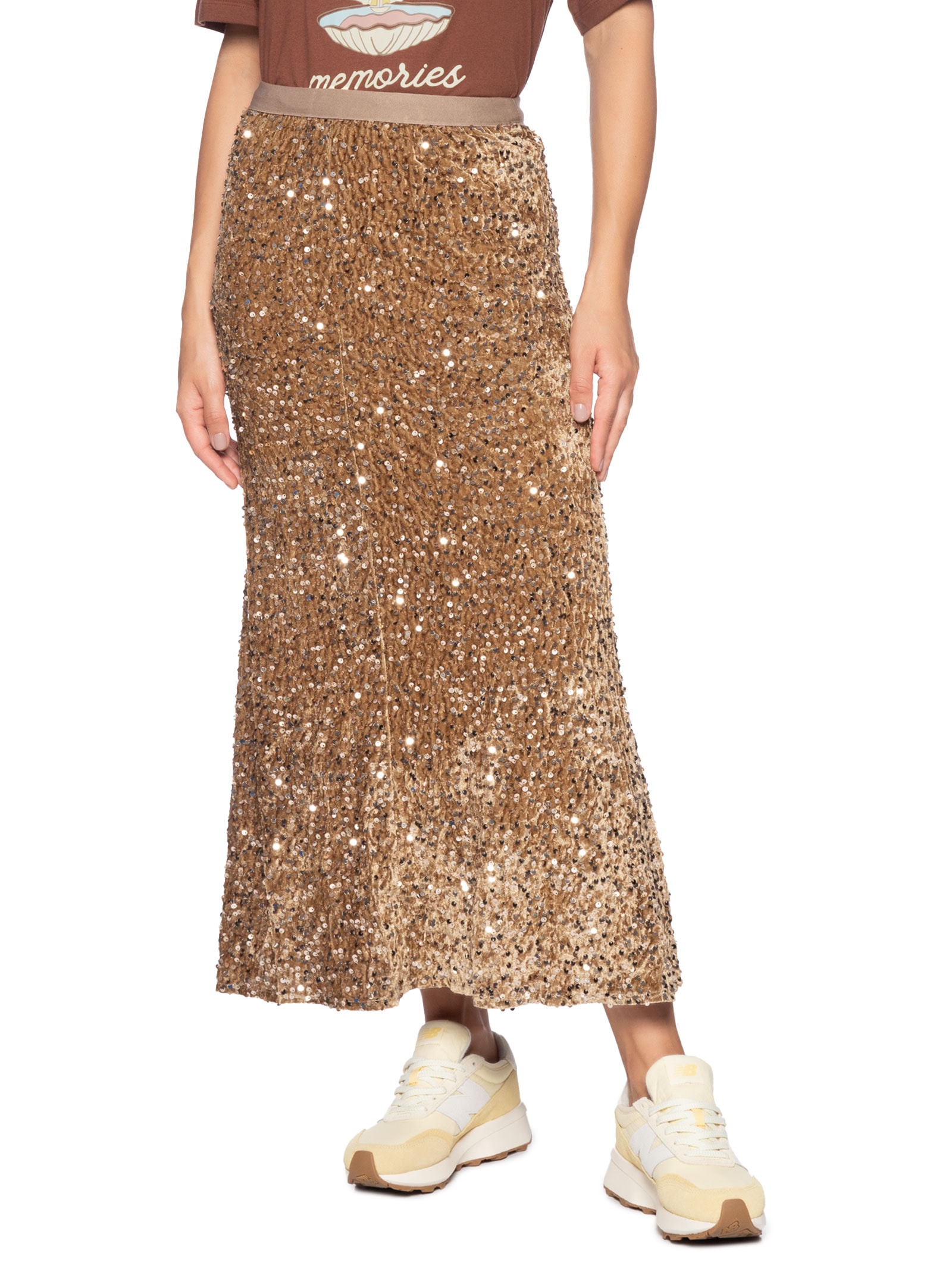 Saia Midi Em Veludo Com Paetê Dourado Market 33