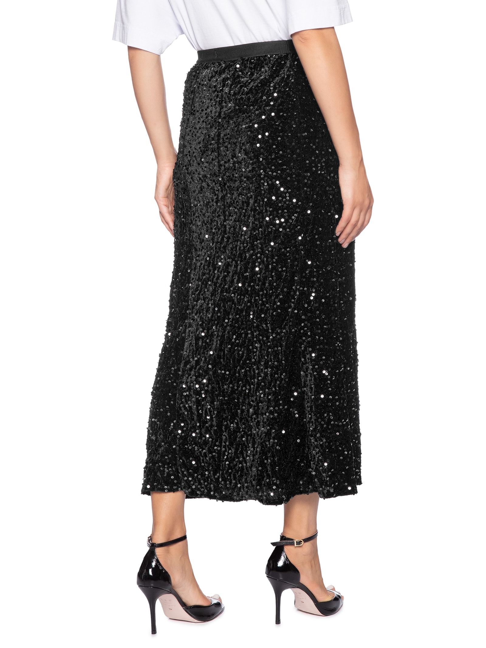 Saia Midi Em Veludo Com Paetê Preto Market 33