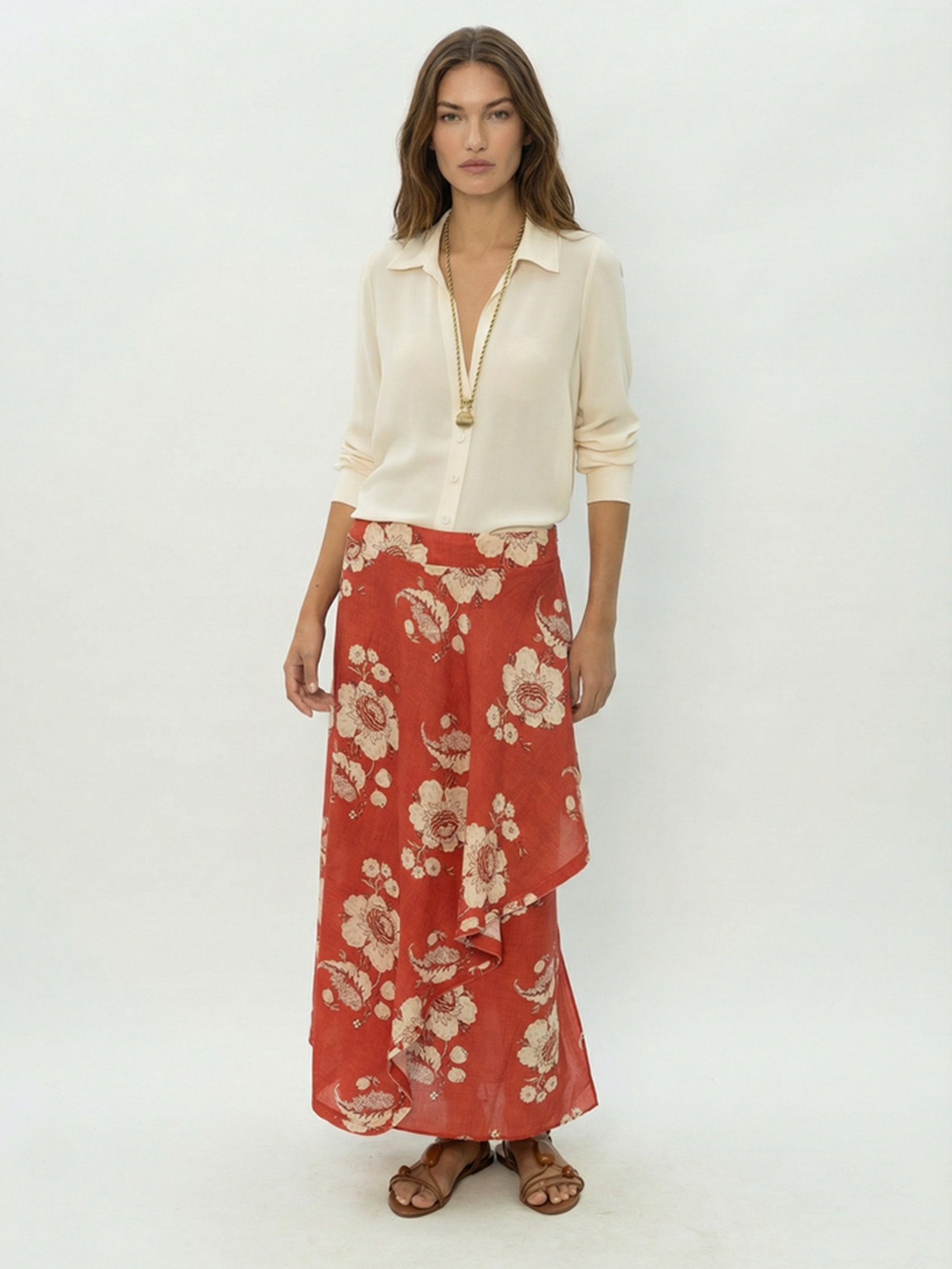 Saia Midi Estampa Fleur A Vermelho Maria Filó