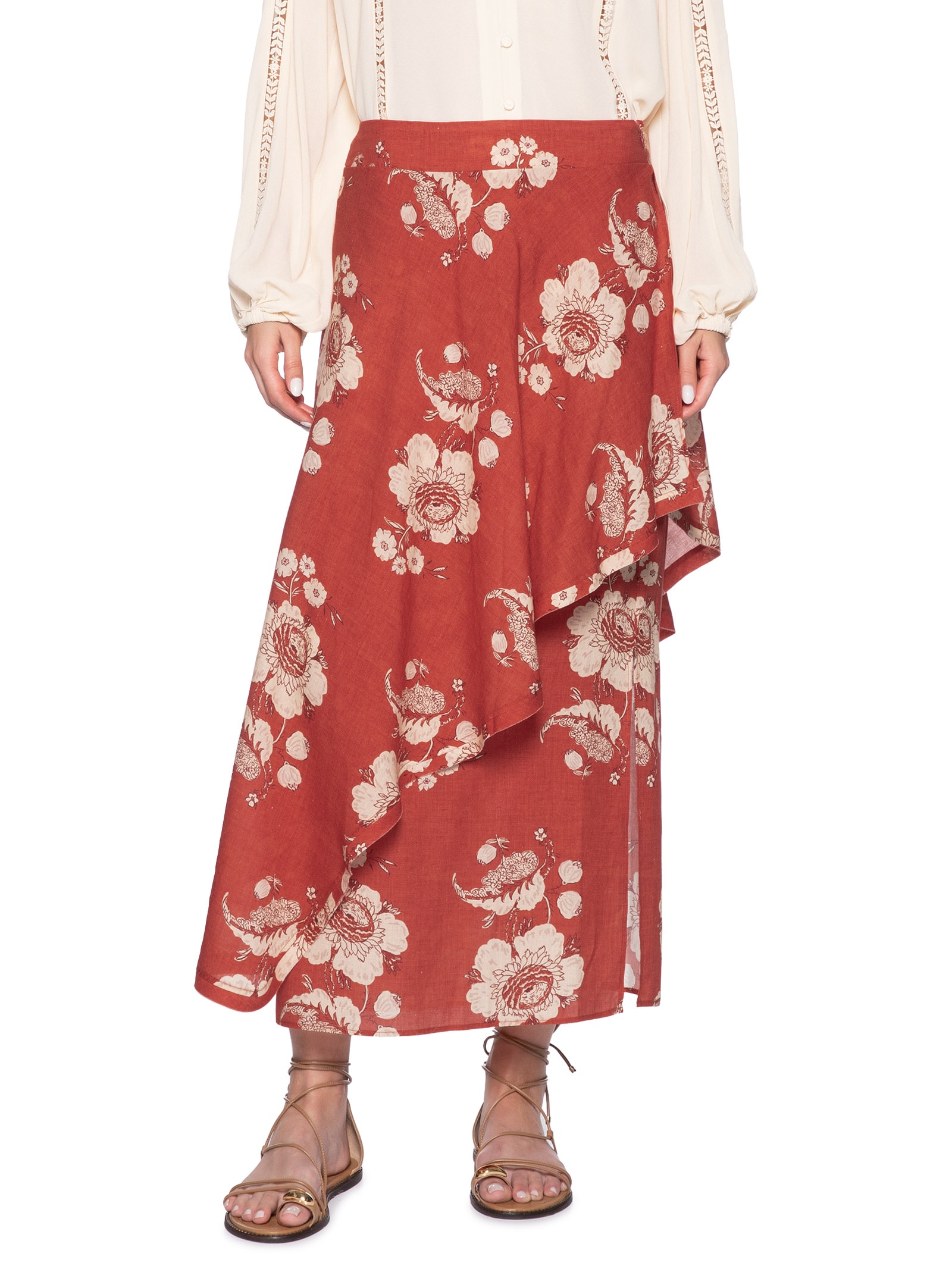 Saia Midi Estampa Fleur A Vermelho Maria Filó