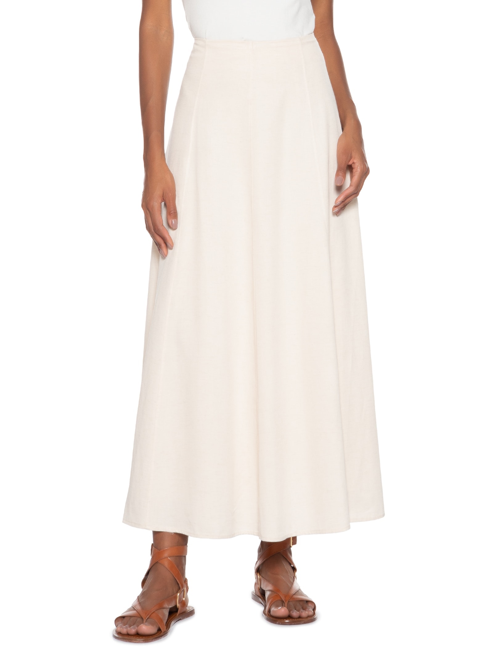 Saia Midi Evasê Com Linho Bege Basiq