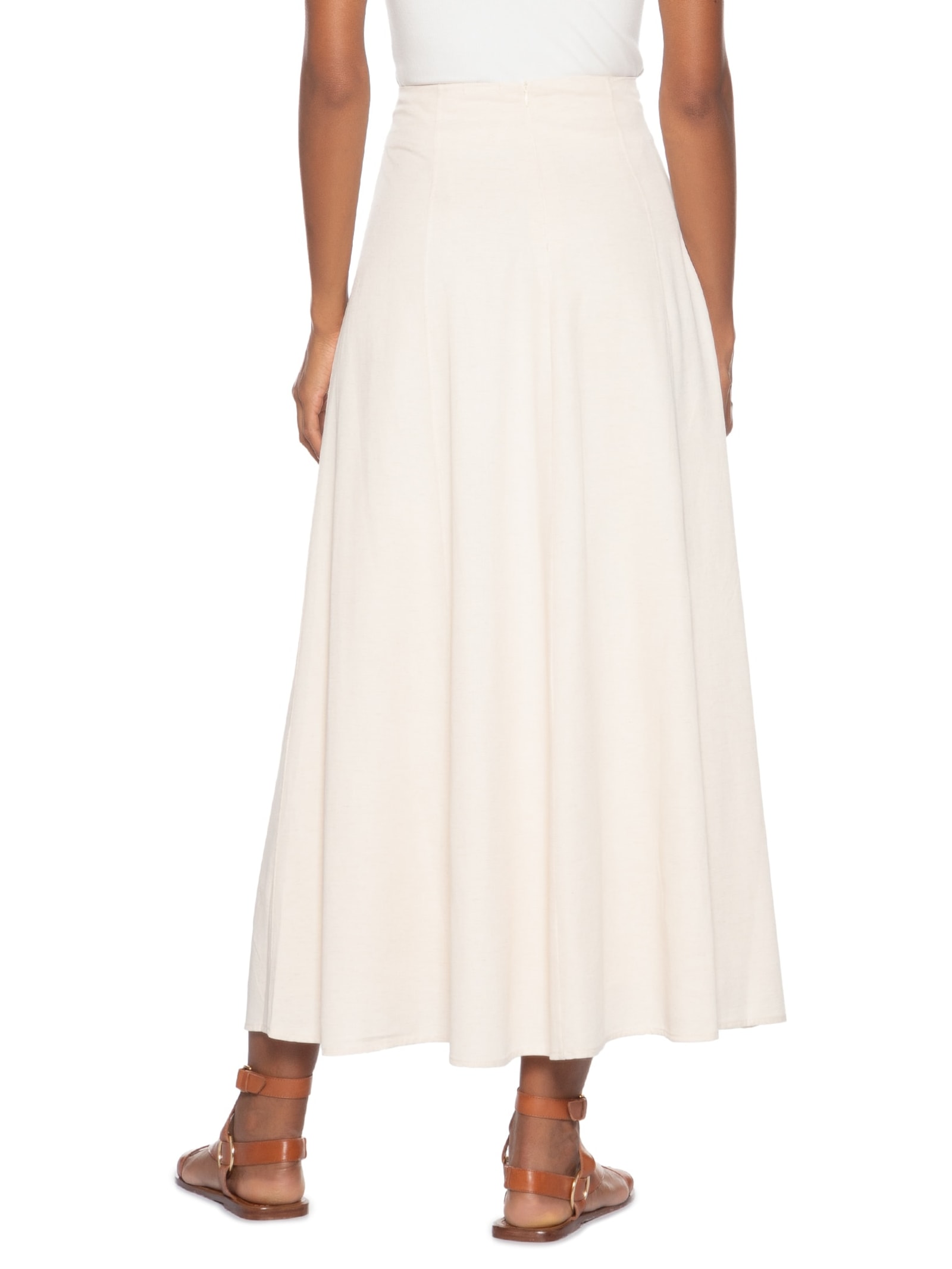 Saia Midi Evasê Com Linho Bege Basiq