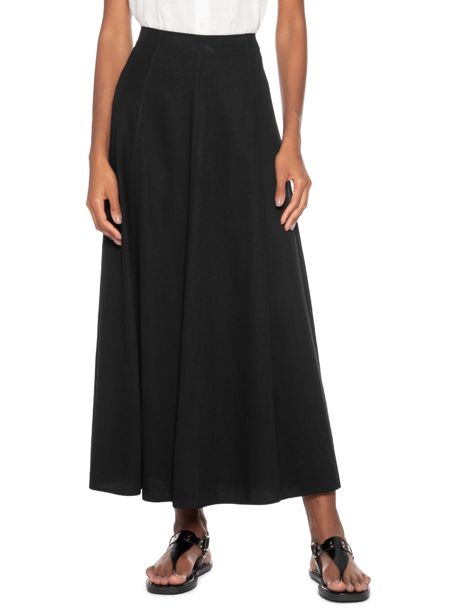 Saia Midi Evasê Com Linho Preto Basiq
