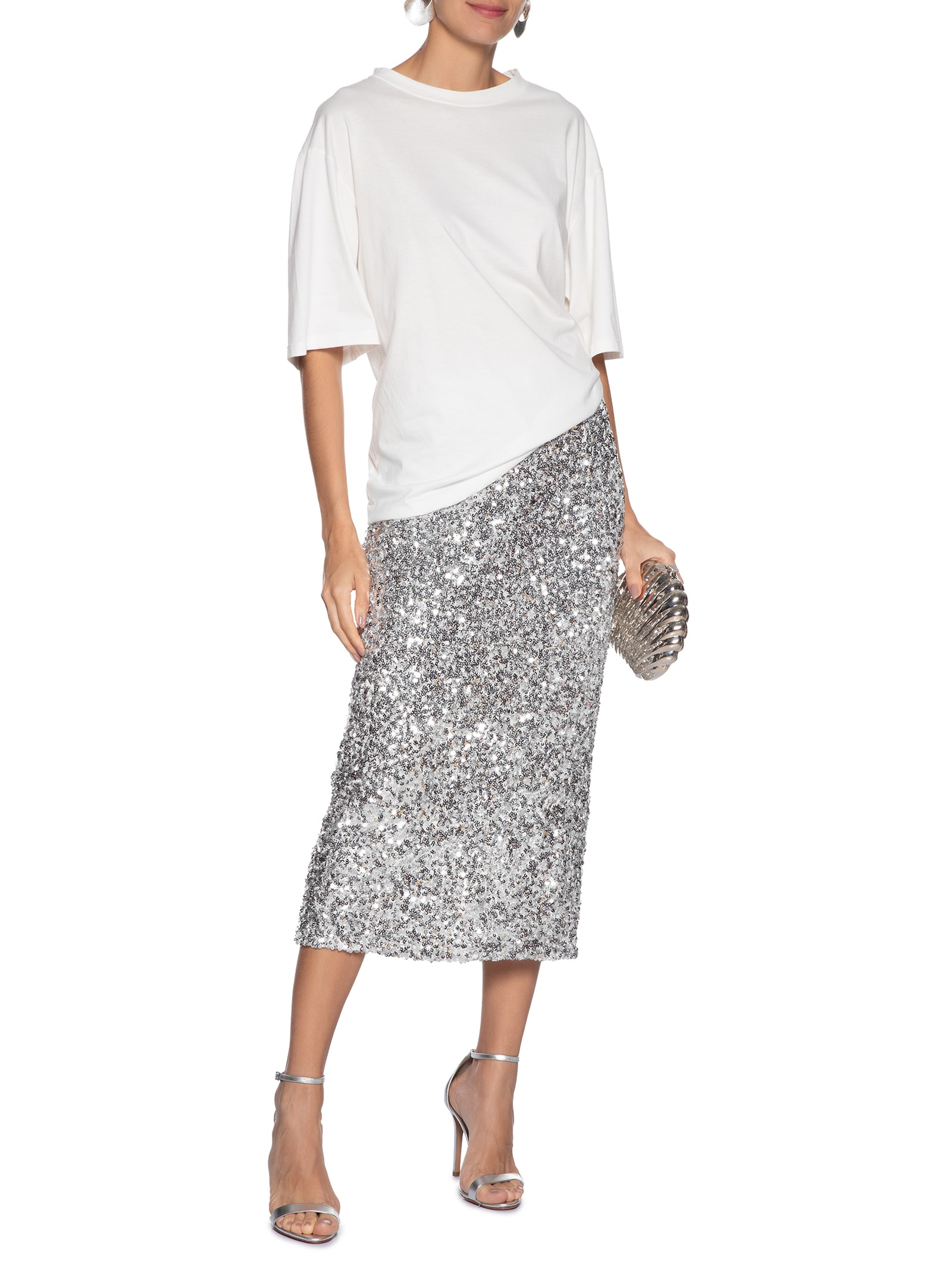 Saia Midi Feminina em Paete Prateado Market 33