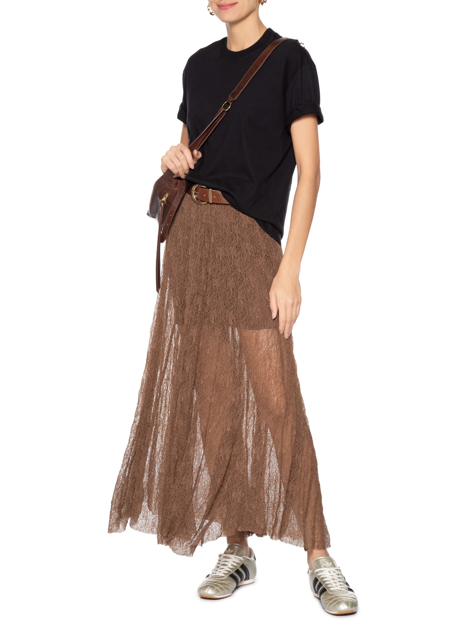 Saia Midi Feminina Em Renda Marrom Market 33