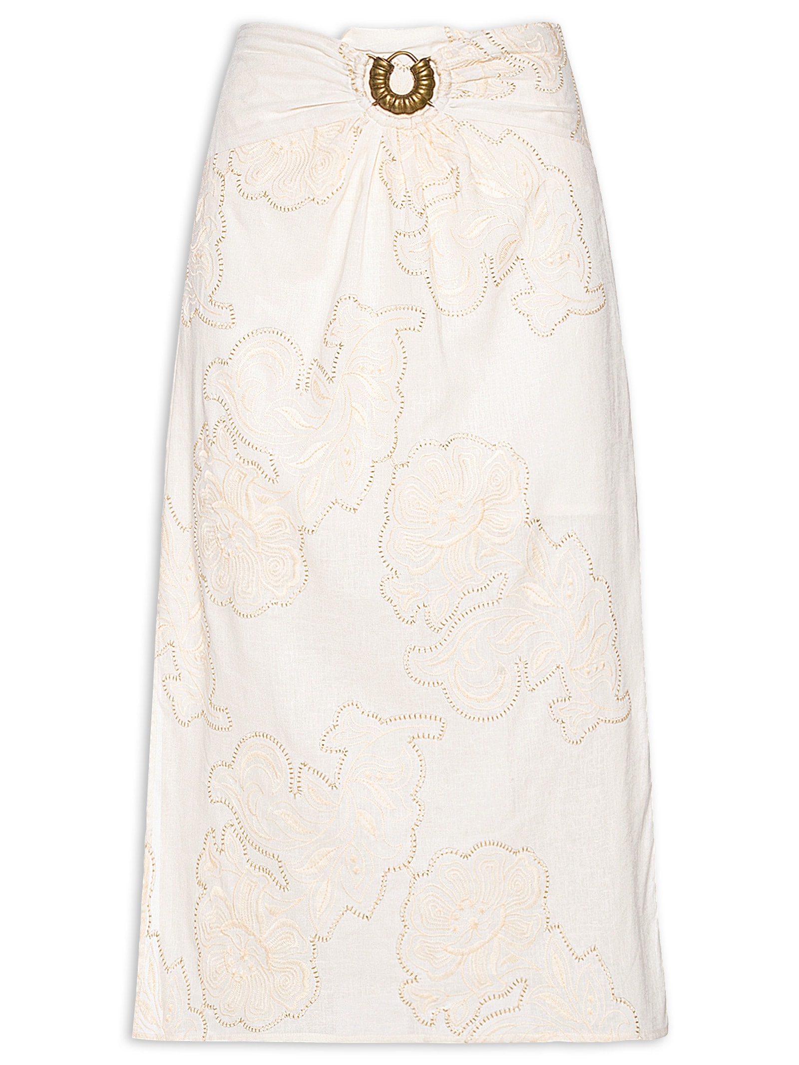 Saia Midi Fivela Bordado Magnolia Off White Maria Filó
