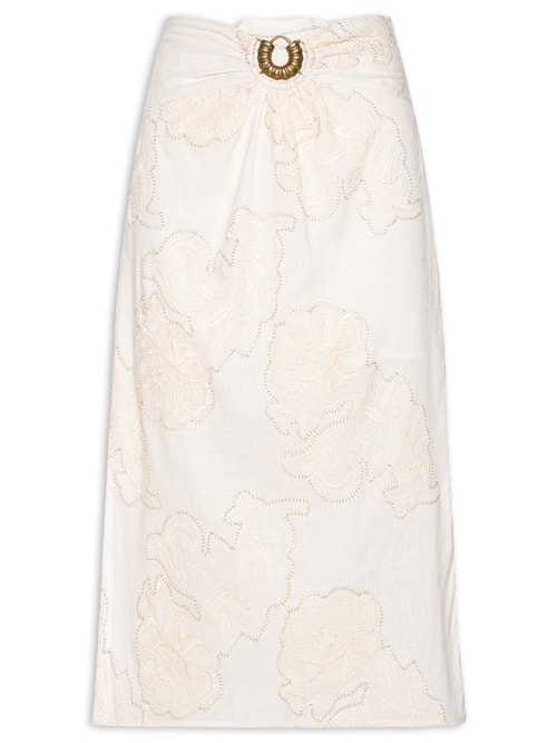 Saia Midi Fivela Bordado Magnolia - Off White
