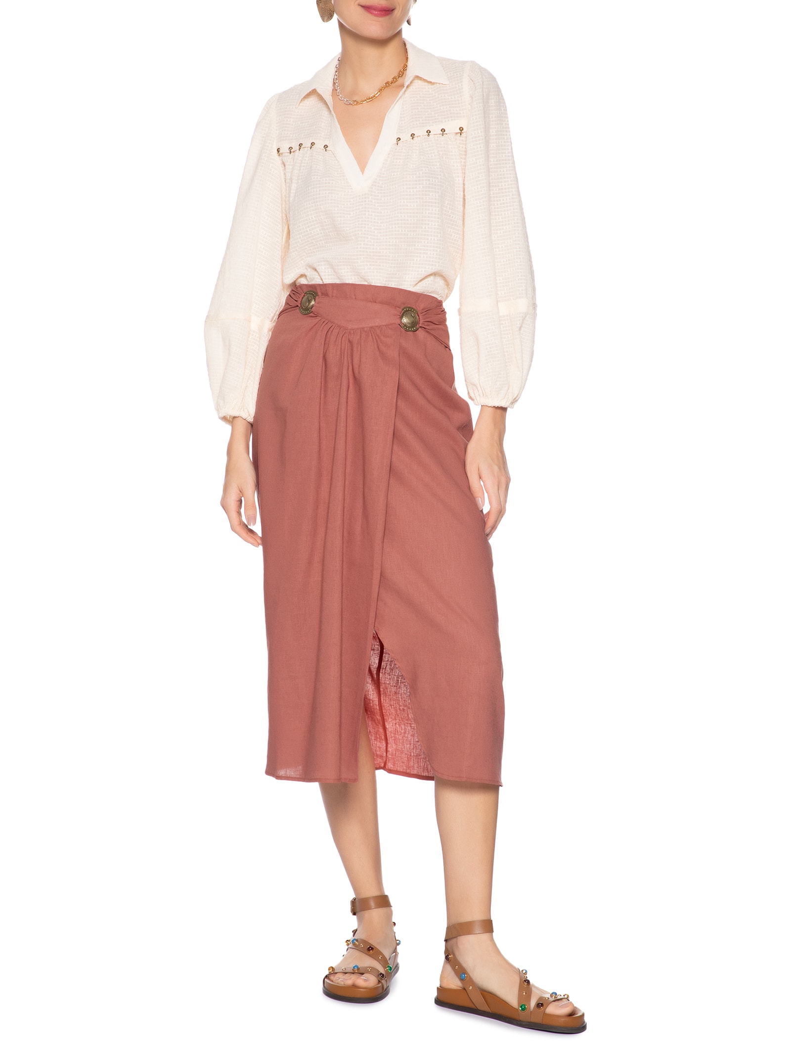 Saia Midi Fivelas Marrom Maria Filó