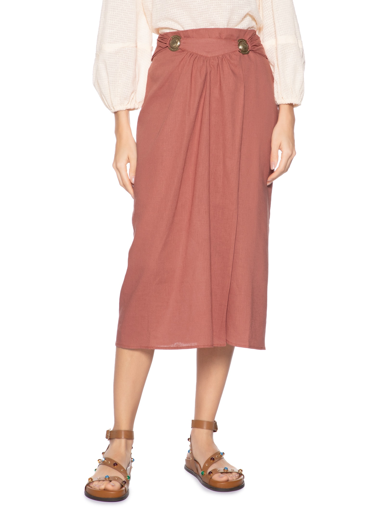 Saia Midi Fivelas Marrom Maria Filó