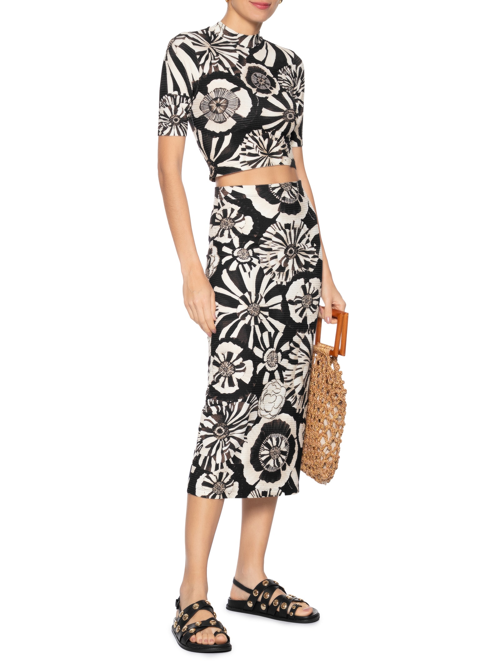 Saia Midi Flora Preto Farm