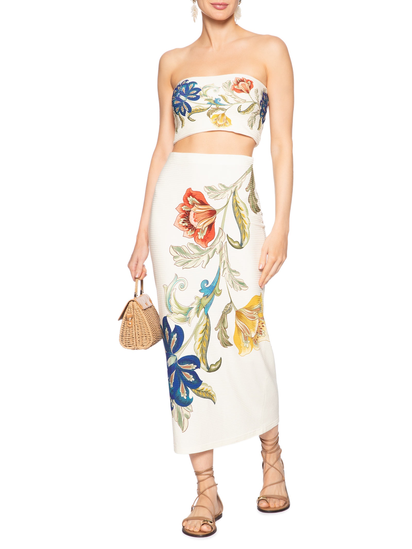 Saia Midi Floral Maite E Branco Farm