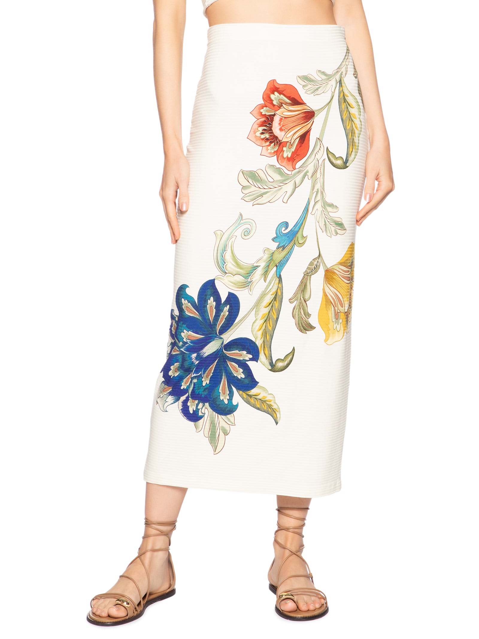 Saia Midi Floral Maite E Branco Farm