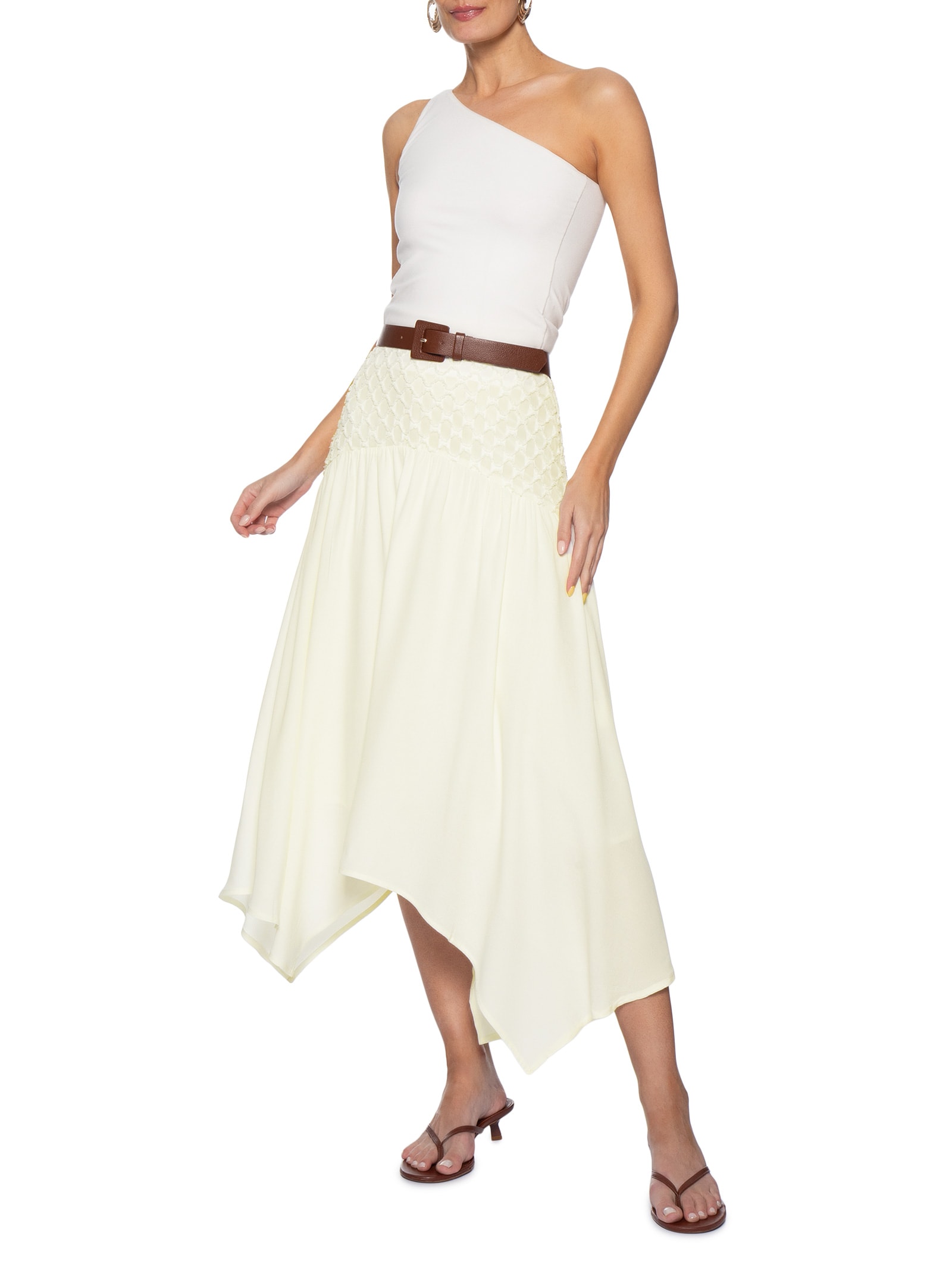 Saia Midi Fluida Com Detalhe No Cós Off White Market 33