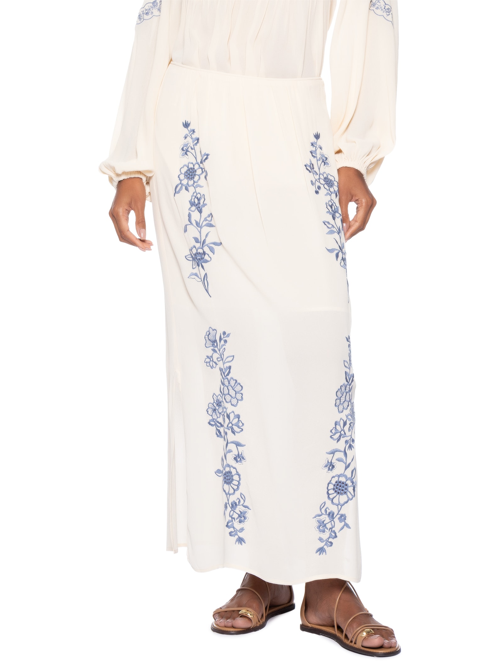 Saia Midi Ggt Bordado Off White Maria Filó