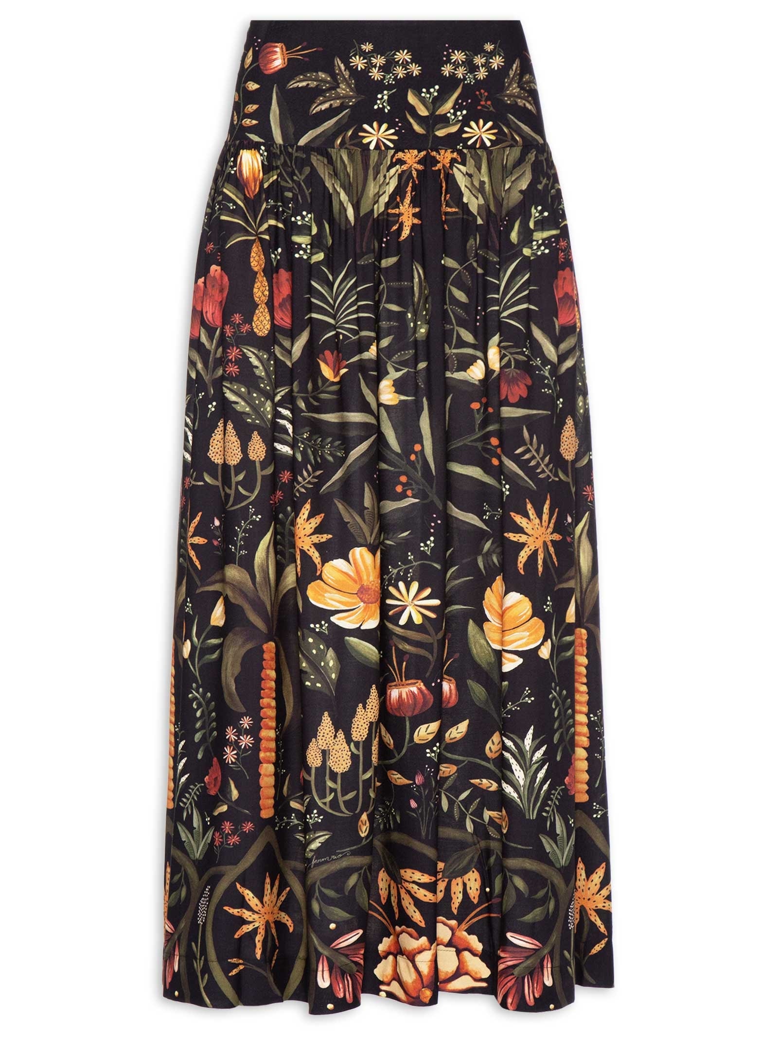 Saia Midi Inverno Tropical Preto Farm