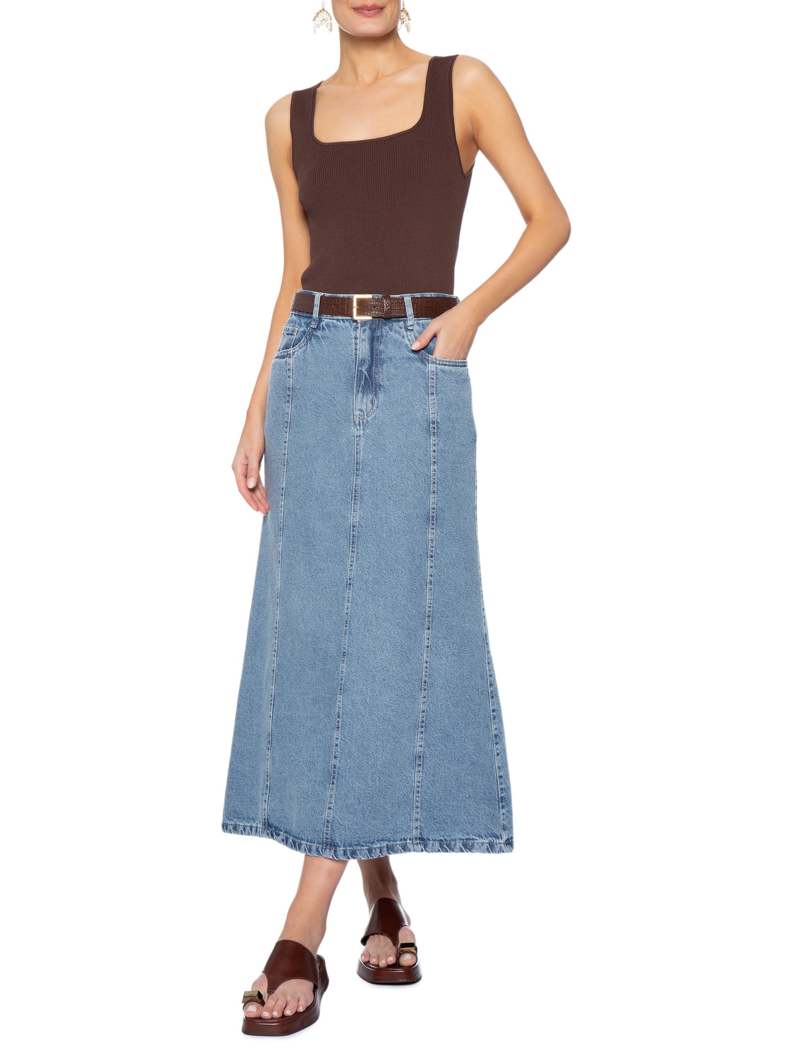Saia Midi Jeans Azul Basiq