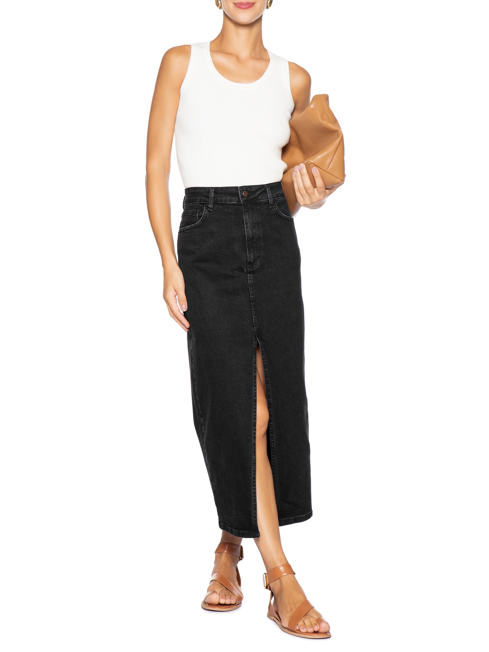 Saia Midi Jeans Com Fenda Preto Basiq